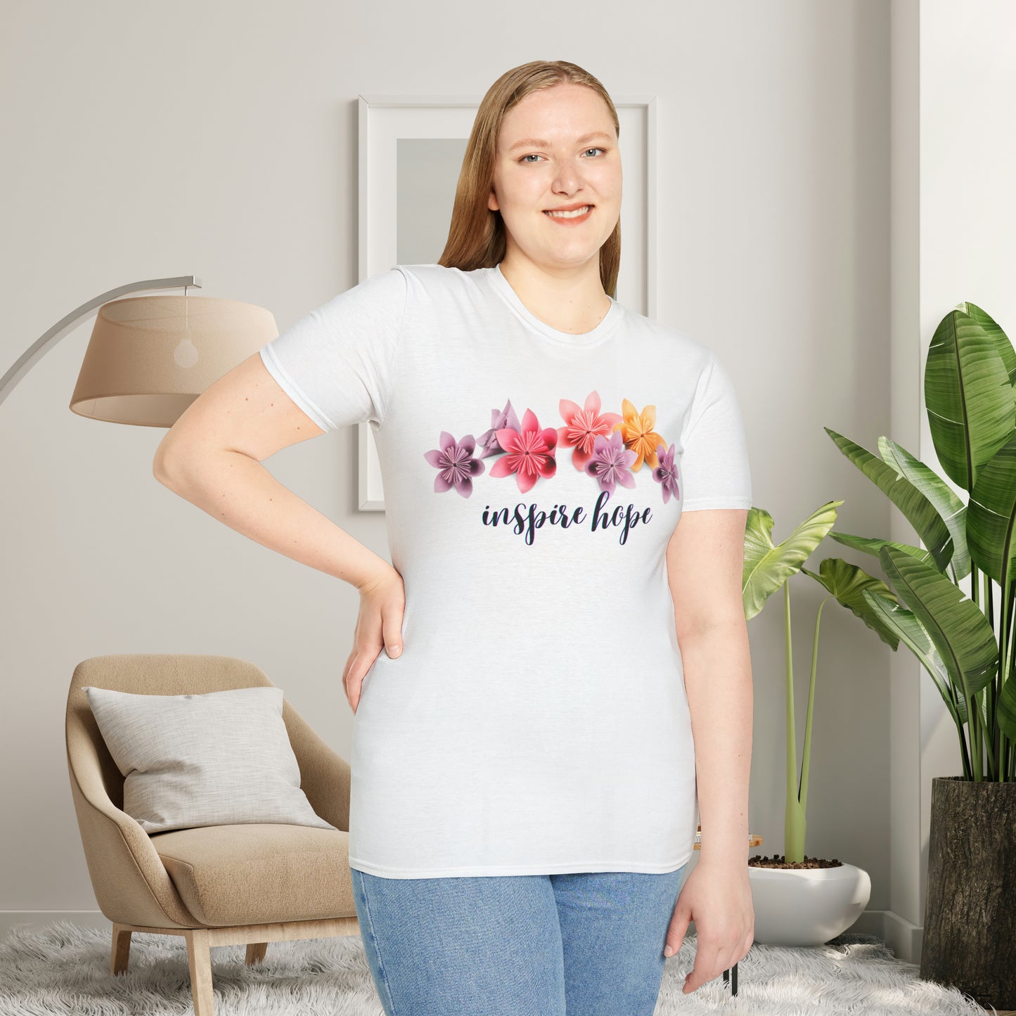 Our ability to “inspire hope” in others begins with us recognizing our ability to do so. Origami flowers go with this message on this Unisex Softstyle T-Shirt.