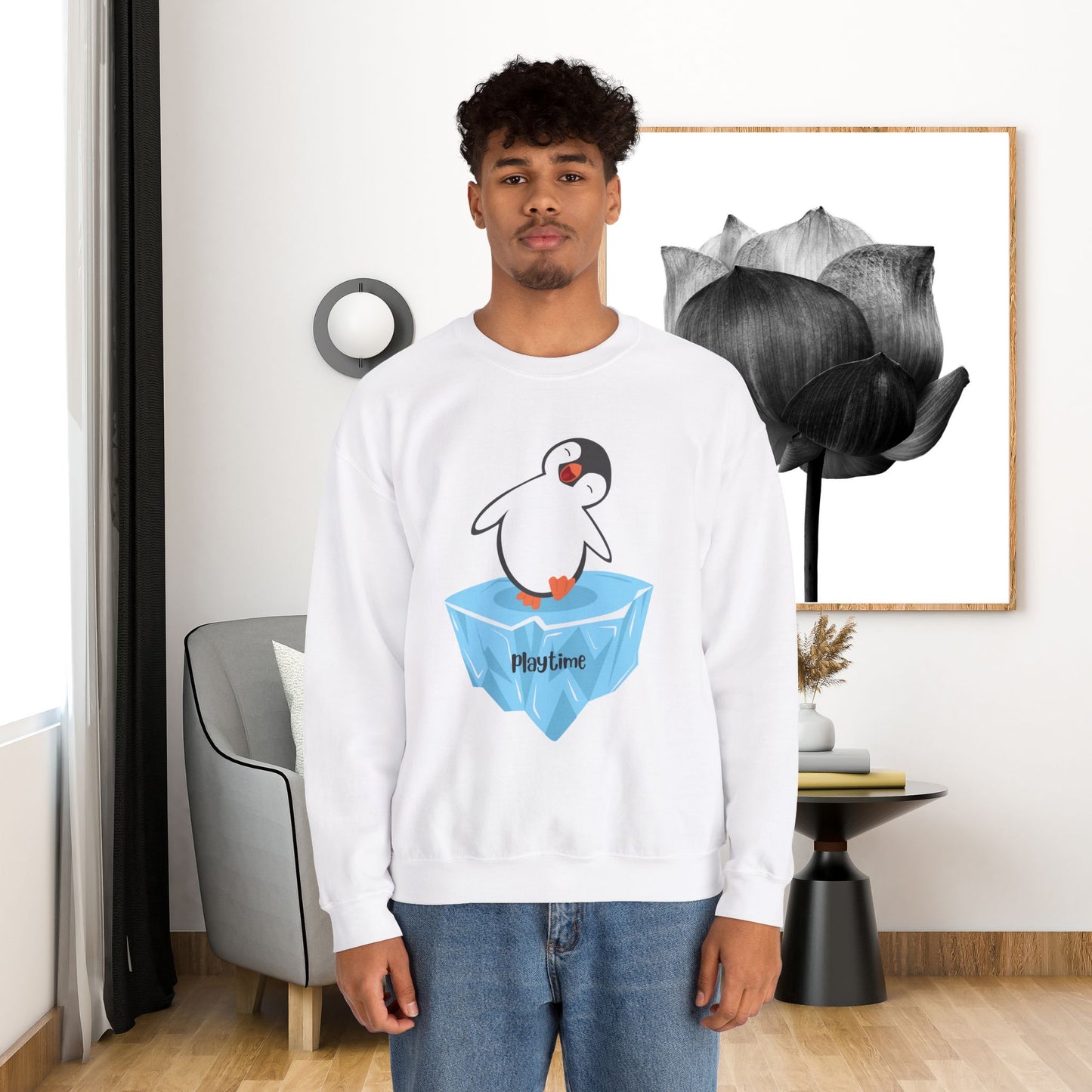 Crewneck Sweatshirt - Playtime Cute Happy Penguin on Iceberg Design