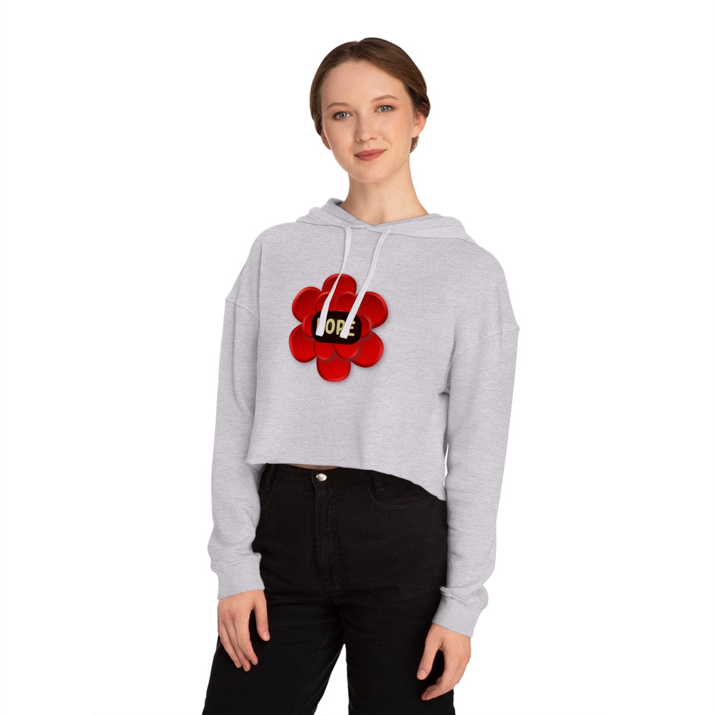 Bright “HOPE” with within red flower design on this stylish Women’s Cropped Hooded Sweatshirt for your enjoyment.