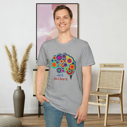 Beautifully designed brain with “use it don’t lose it” message below it on this Unisex Softstyle T-Shirt.