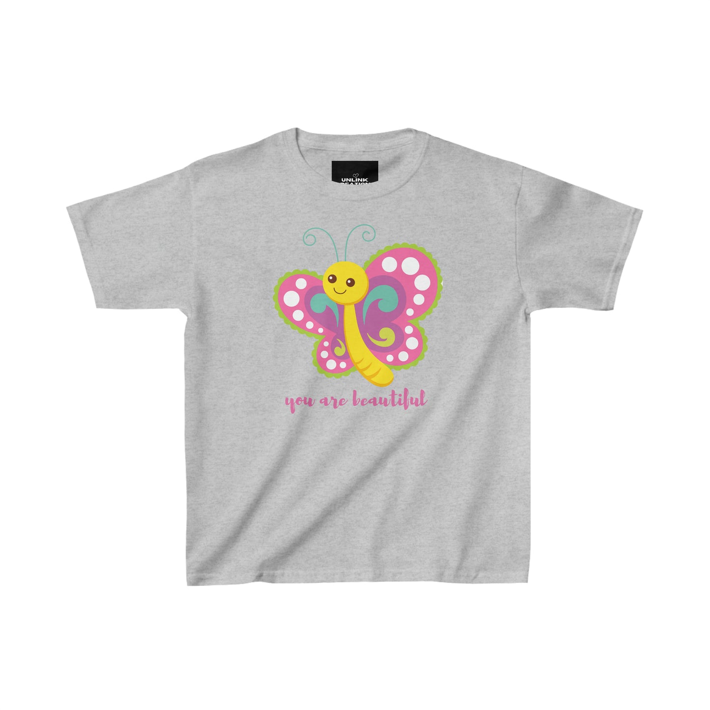 A cute butterfly reminding you that “you are beautiful”  makes this Kids Heavy Cotton™ Tee a fun one to wear!