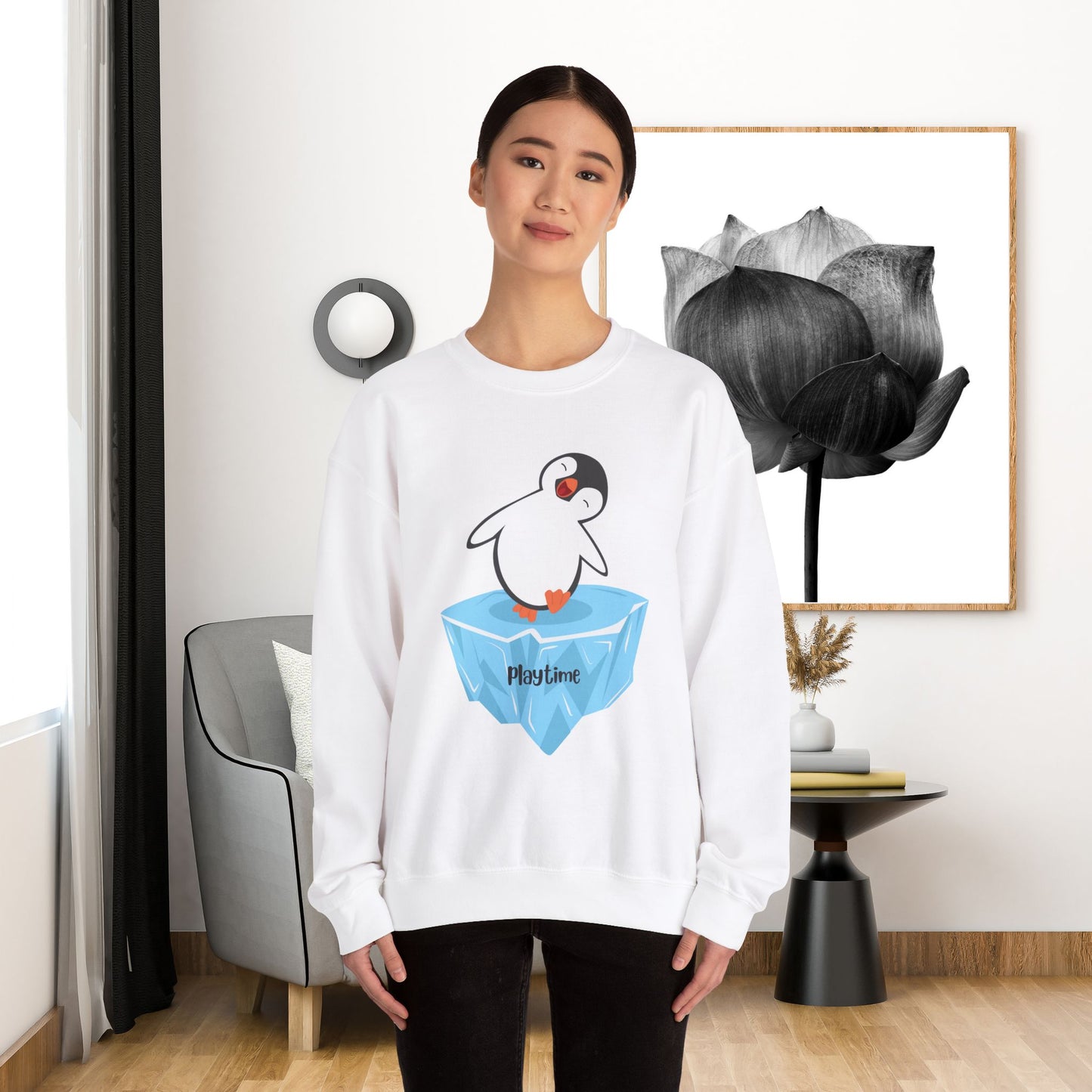 Crewneck Sweatshirt - Playtime Cute Happy Penguin on Iceberg Design