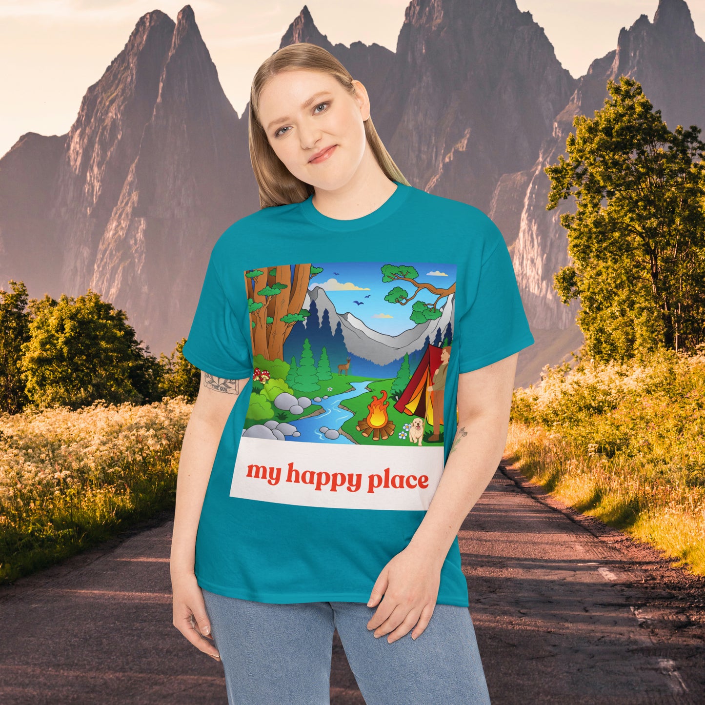 A great shirt for those who love camping in the great outdoors! This Unisex Heavy Cotton Tee is designed to inspire us to spend more time being happy in the great outdoors. Camp, hike and be one with nature.