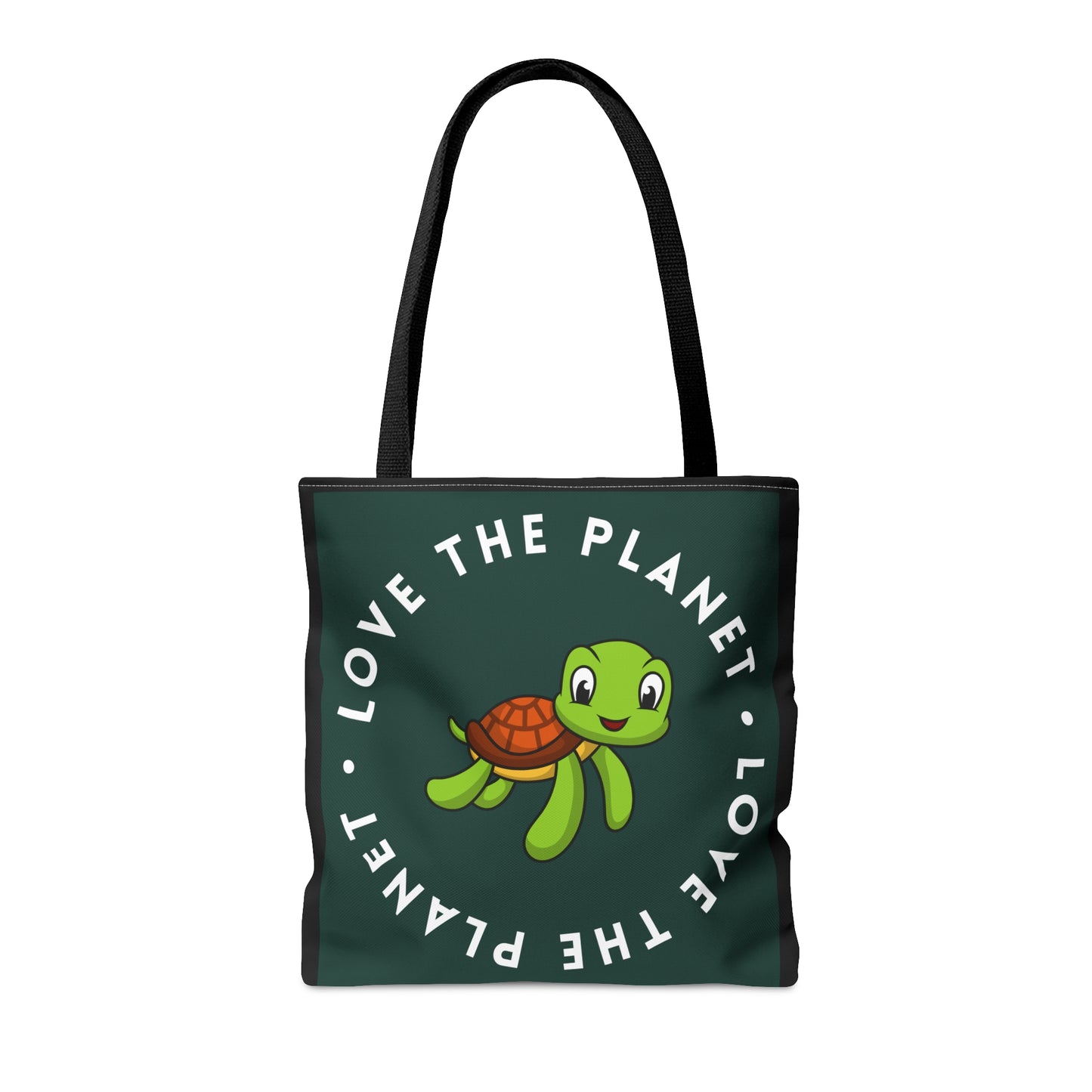 Adorable tortoise inside a  “LOVE THE PLANET” Tote Bag in 3 sizes to meet your needs.