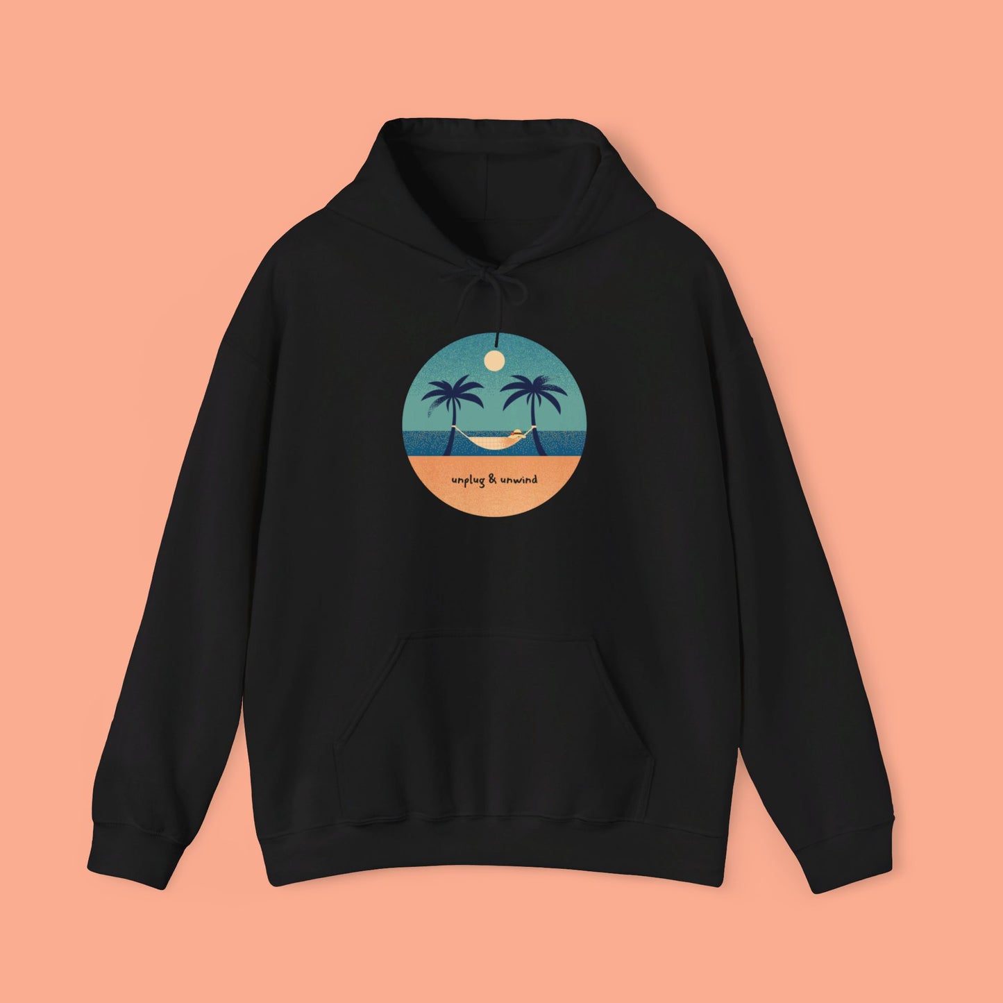 Unplug & unwind beneath a beach scene on this Unisex Heavy Blend™ Hooded Sweatshirt