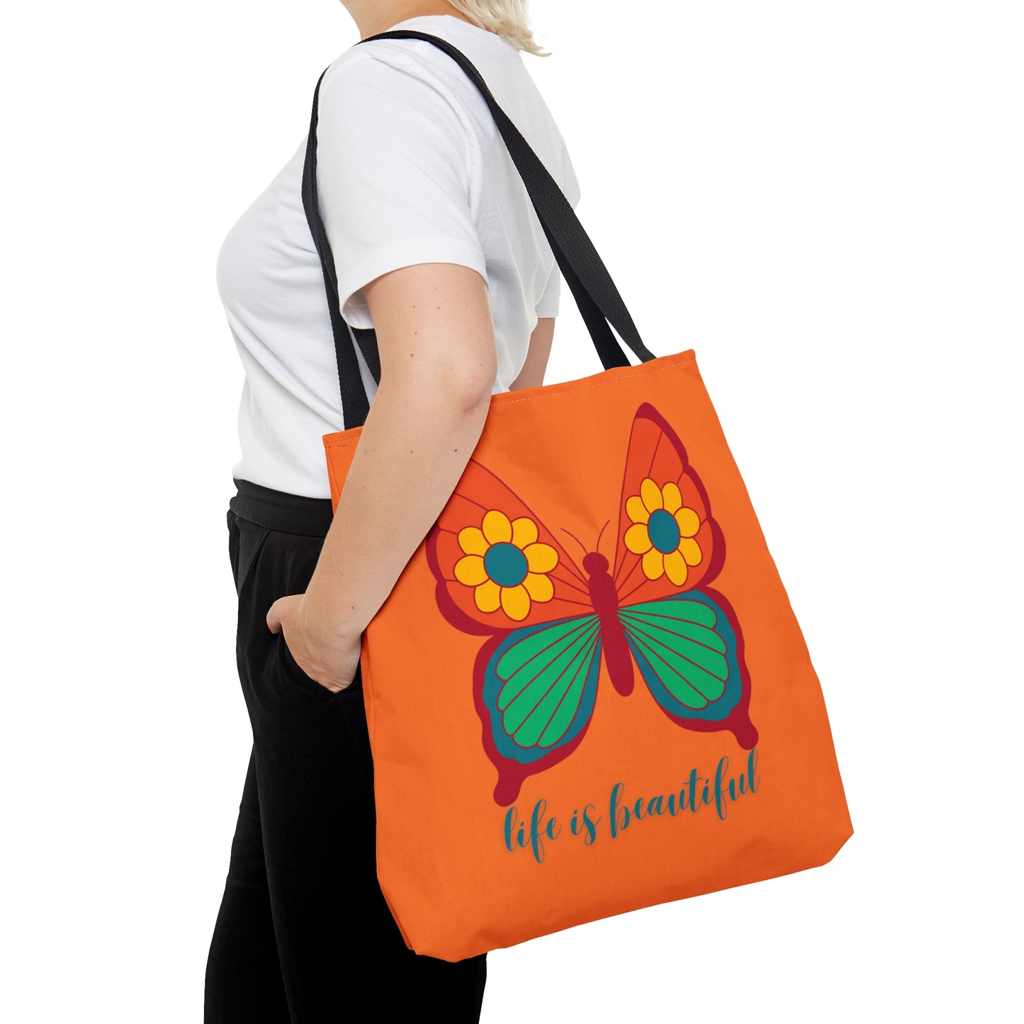 Cute and simple message “life is beautiful” under a butterfly design tote bag. Come in 3 sizes to meet your needs.