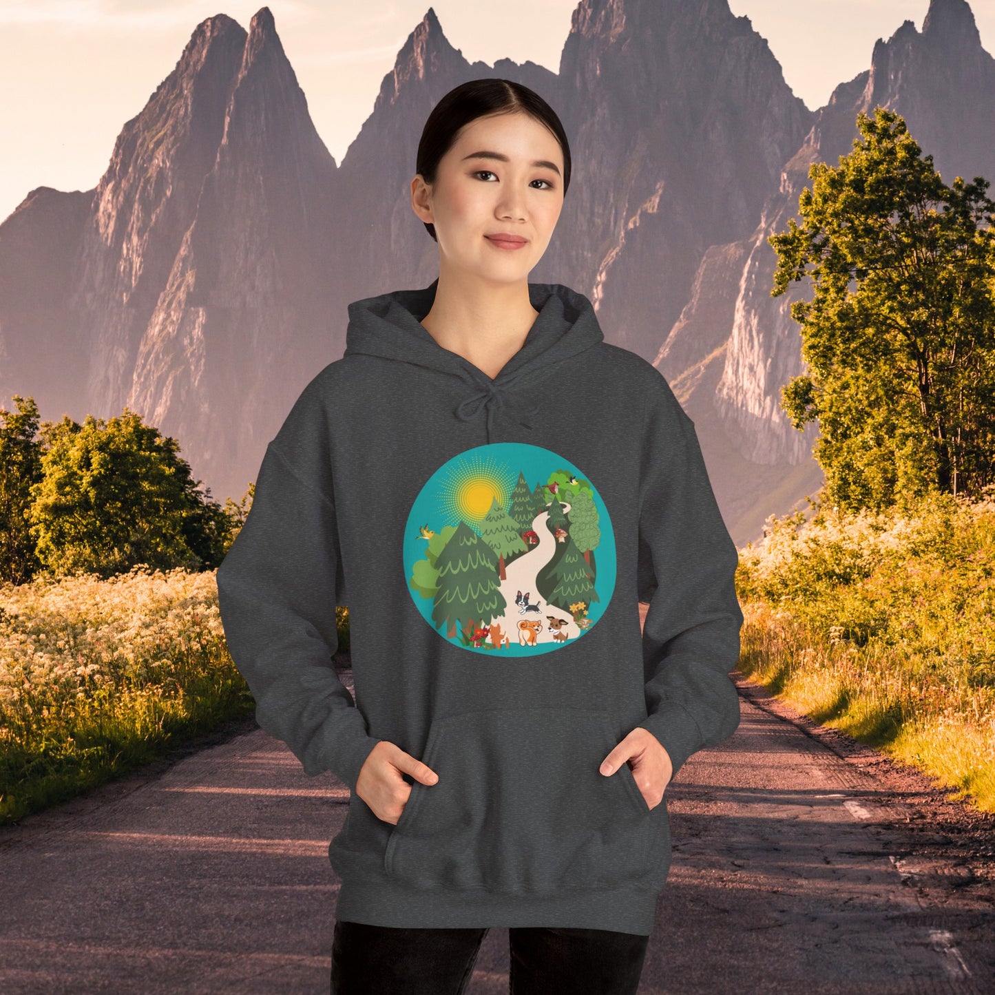 A nature walk with the doggies is so much fun! Enjoy this Unisex Heavy Blend™ Hooded Sweatshirt