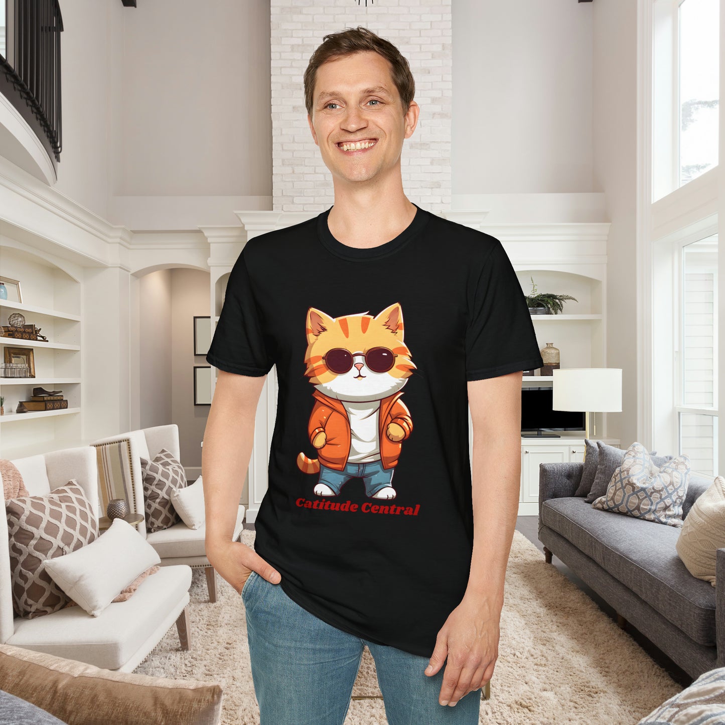 A cool cat with  “Catitude Central” below it on this Unisex Softstyle T-Shirt. Cat lovers get this.