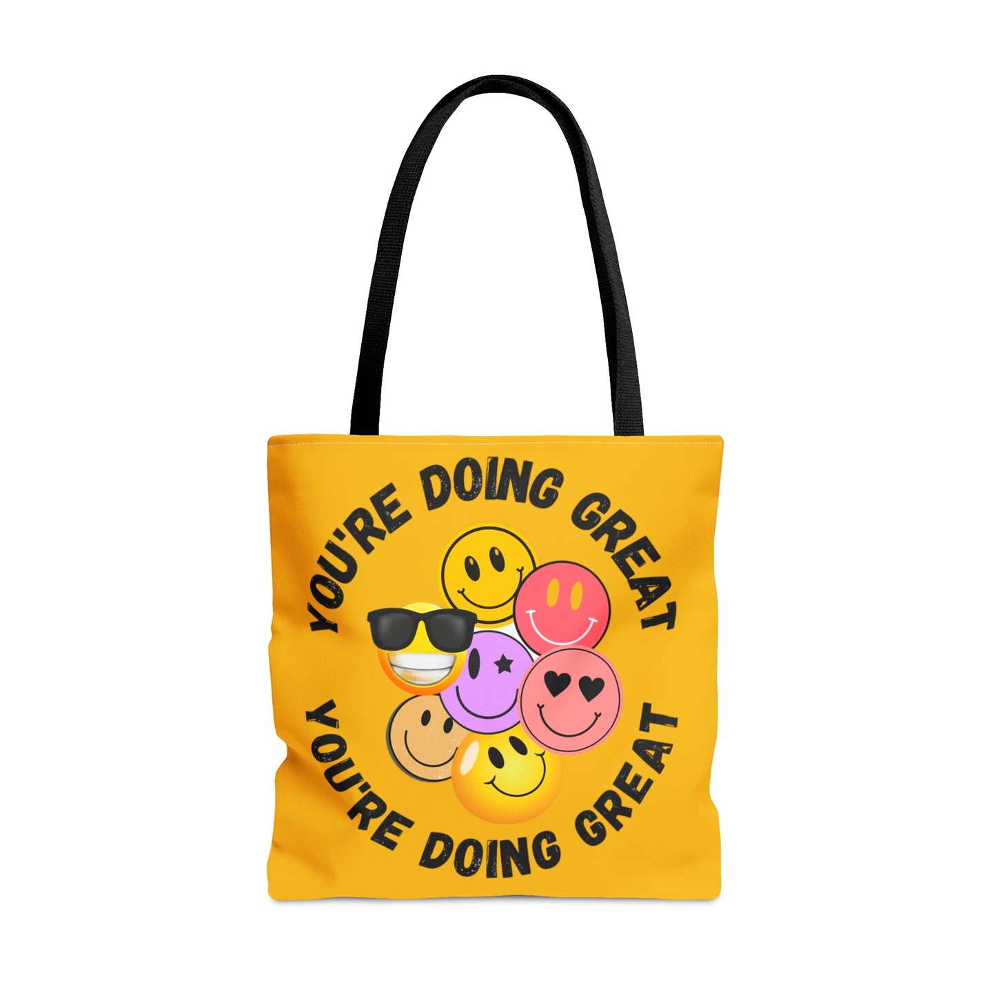 Positive feedback “YOU ARE DOING GREAT” makes us smile with this colorful Tote Bag in 3 sizes to meet your needs.