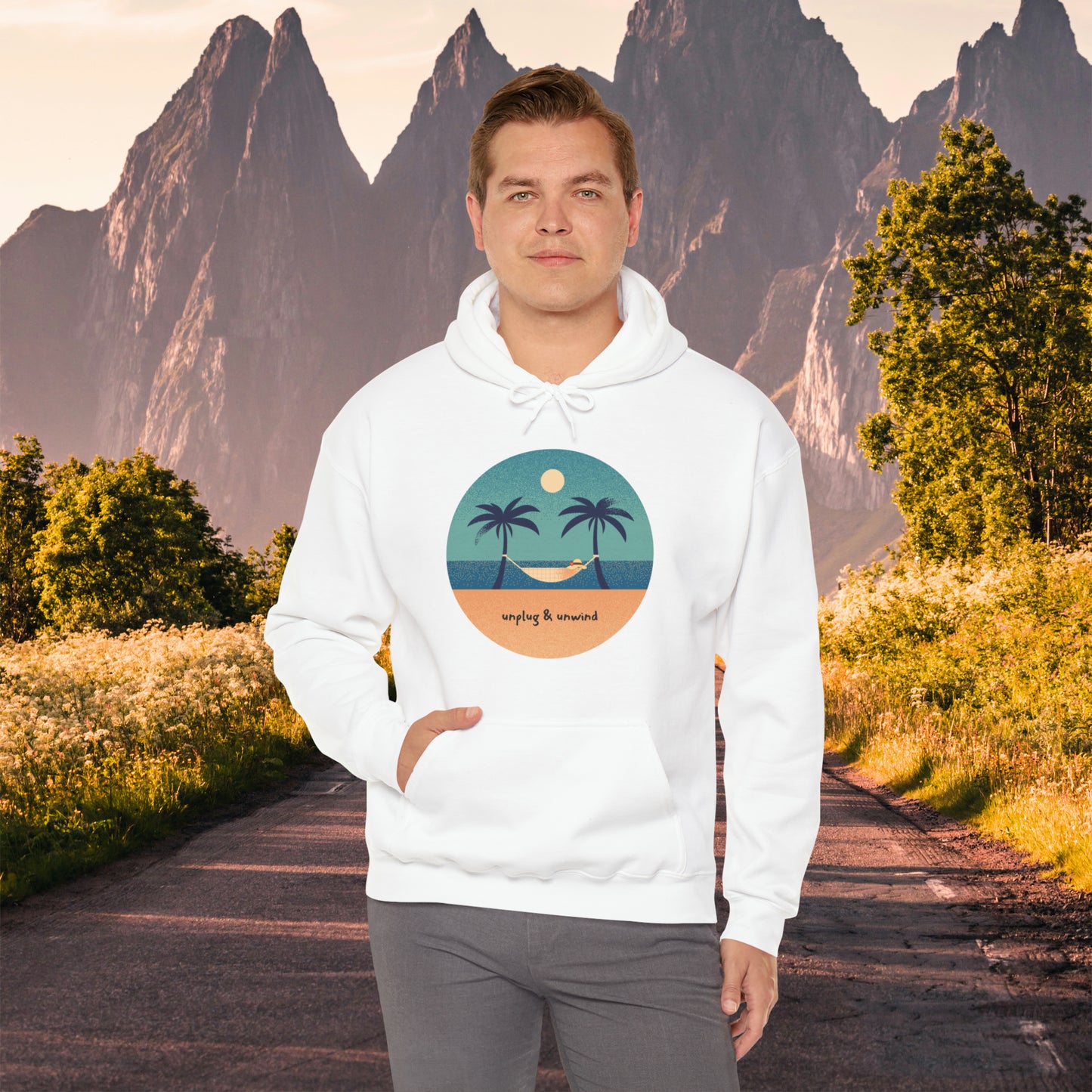 Unplug & unwind beneath a beach scene on this Unisex Heavy Blend™ Hooded Sweatshirt