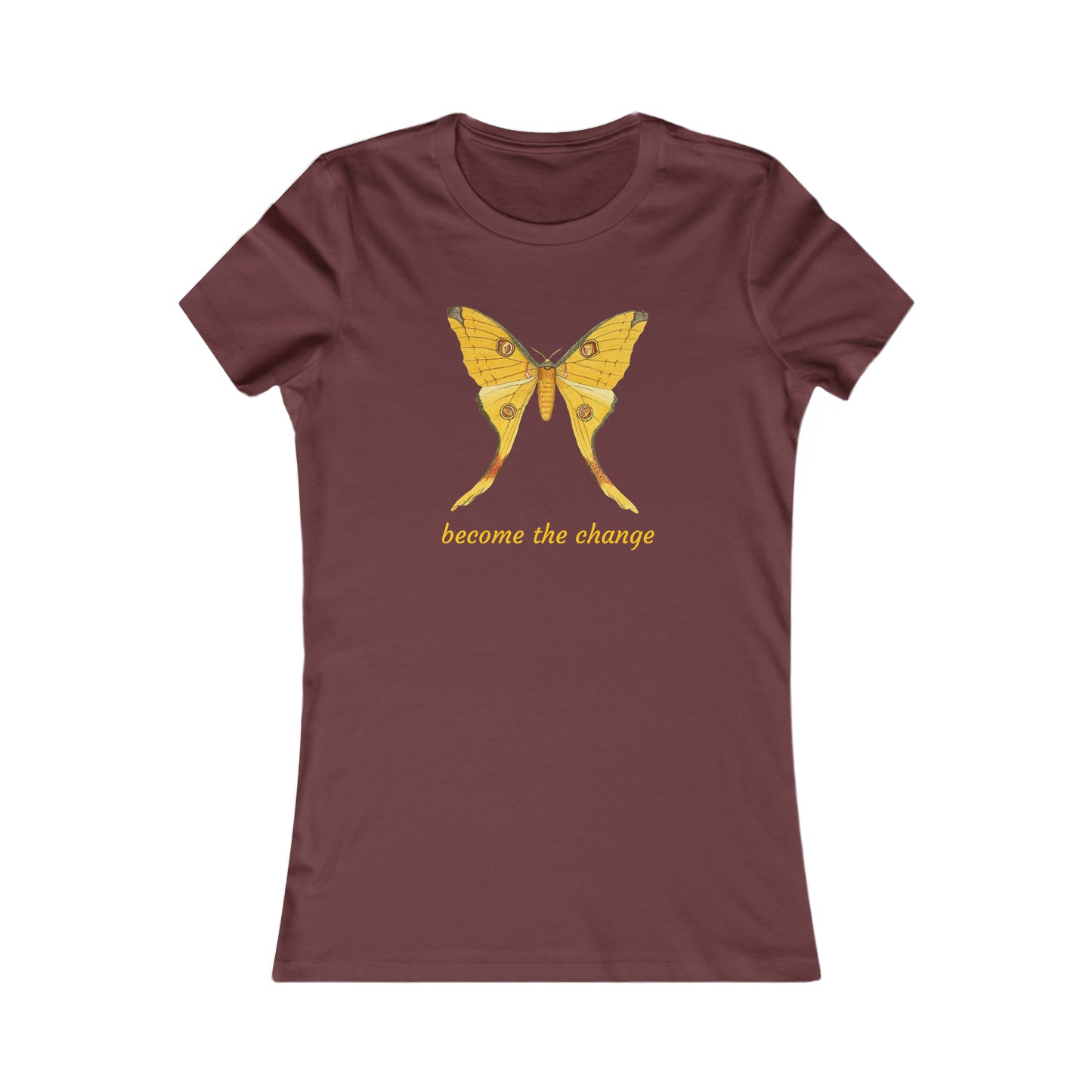 A beautiful butterfly with “become the change” message on this Women's Favorite Tee. Slim fit so please check the size table.