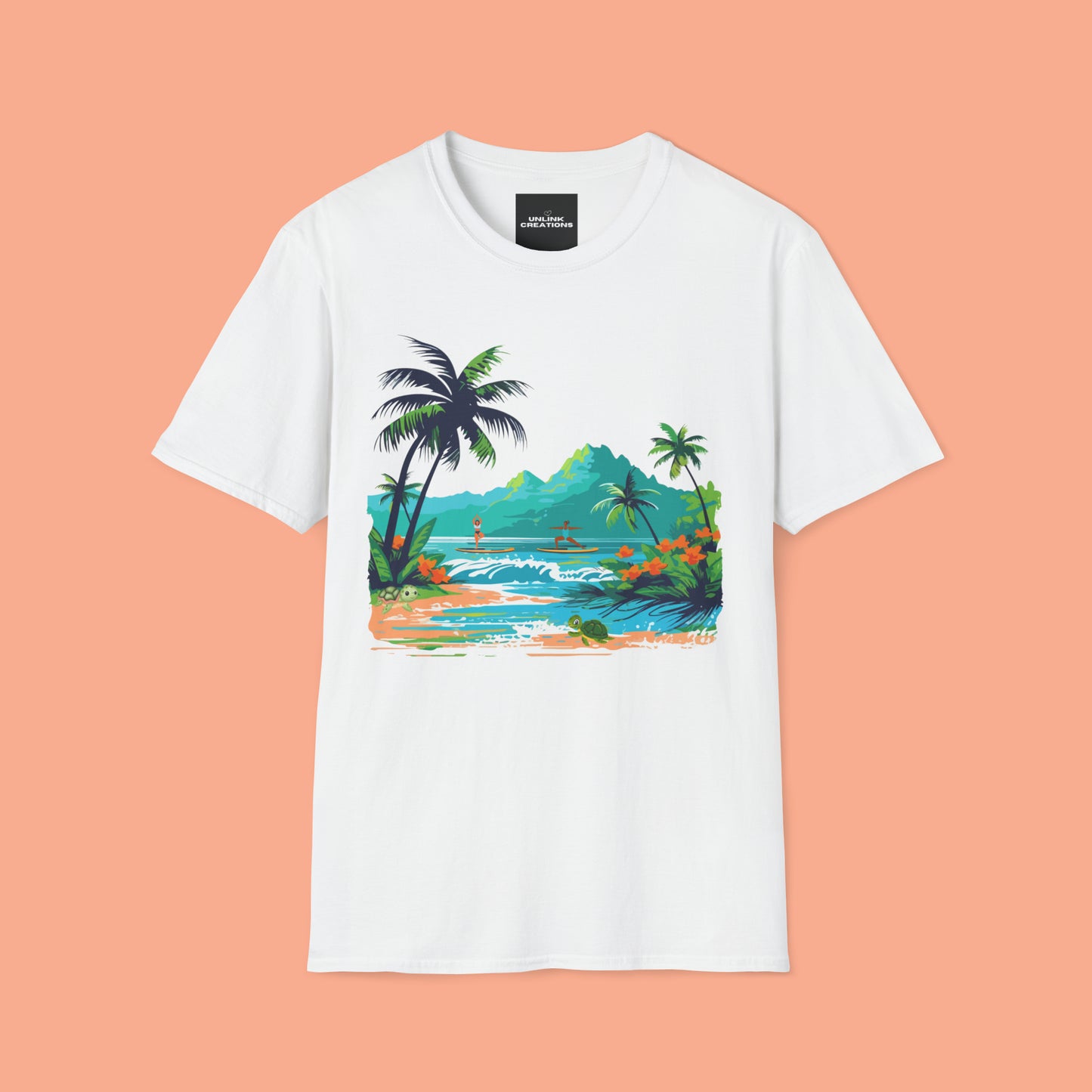 A peaceful paddle board yoga, anyone? With turtles, palm trees and yes the ocean and mountains. Enjoy! A Unisex Softstyle T-Shirt.