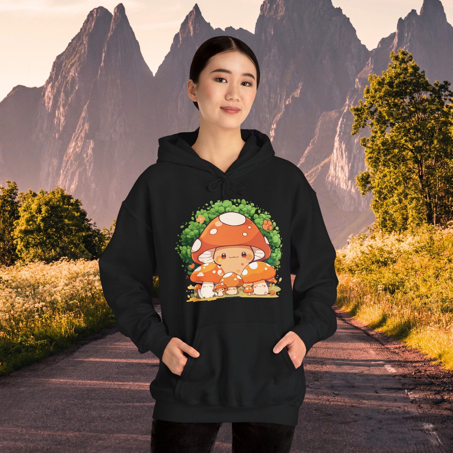 For the cute mushroom lover, a colorful celebration of the fungi on this Unisex Heavy Blend™ Hooded Sweatshirt