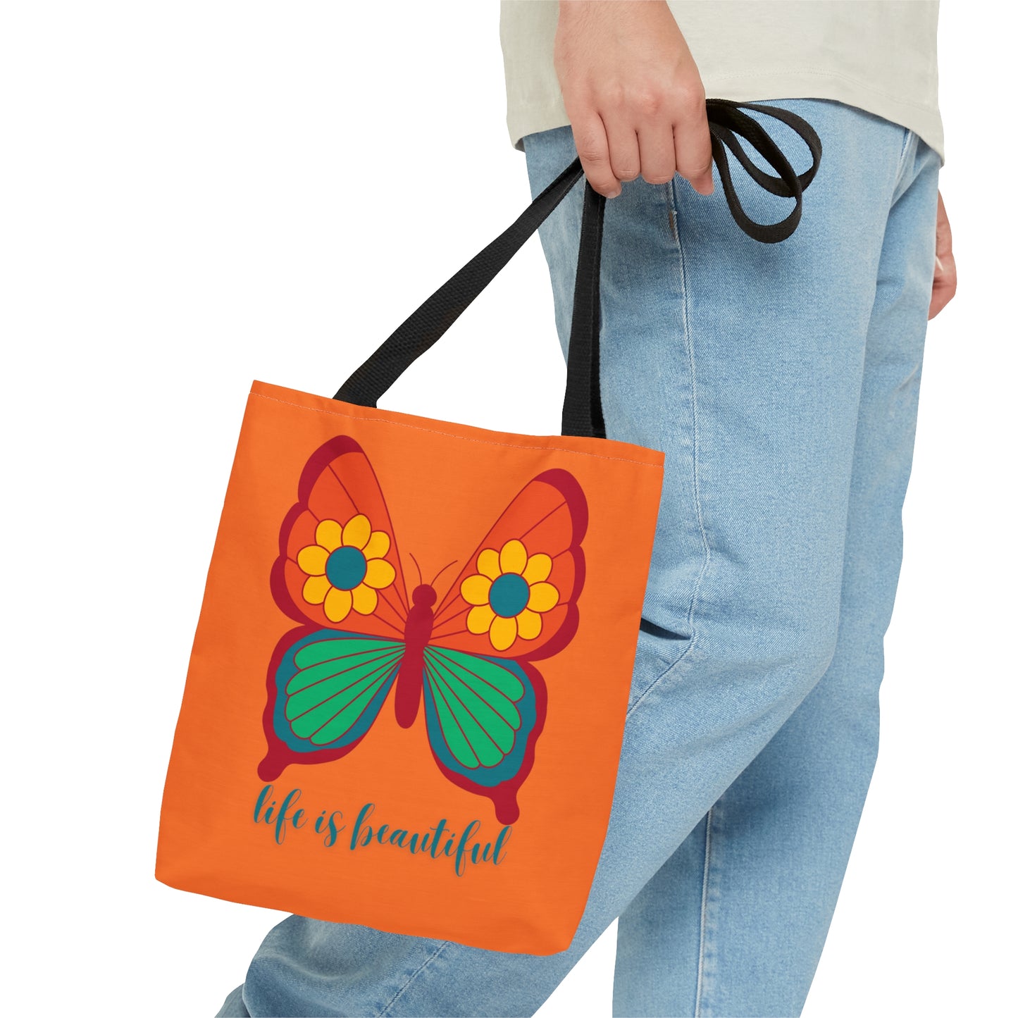 Cute and simple message “life is beautiful” under a butterfly design tote bag. Come in 3 sizes to meet your needs.