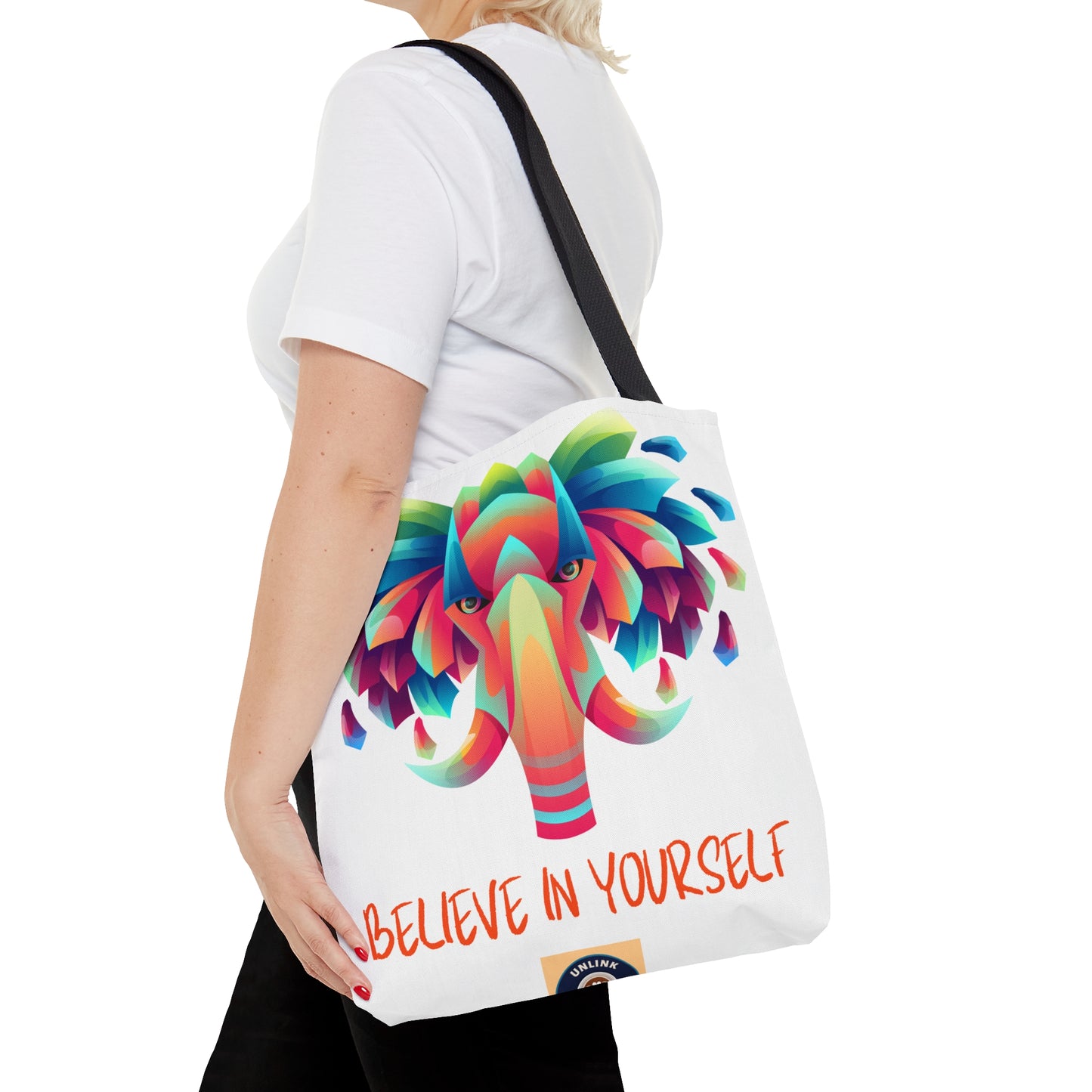 Gorgeous elephant design above “BELIEVE IN YOURSELF” affirmation tote bag. Come in 3 sizes to meet your needs.