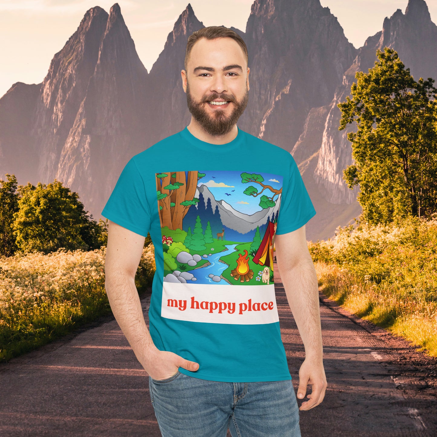 A great shirt for those who love camping in the great outdoors! This Unisex Heavy Cotton Tee is designed to inspire us to spend more time being happy in the great outdoors. Camp, hike and be one with nature.