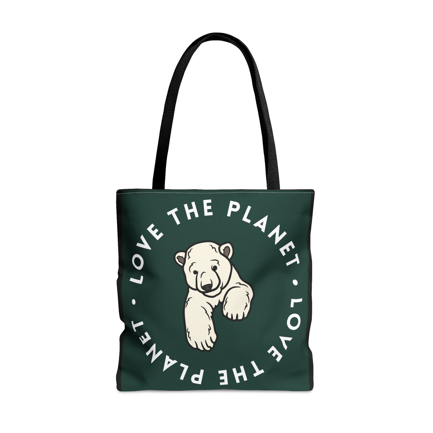 Polar bear inside a  “LOVE THE PLANET” Tote Bag in 3 sizes to meet your needs. Available in black.