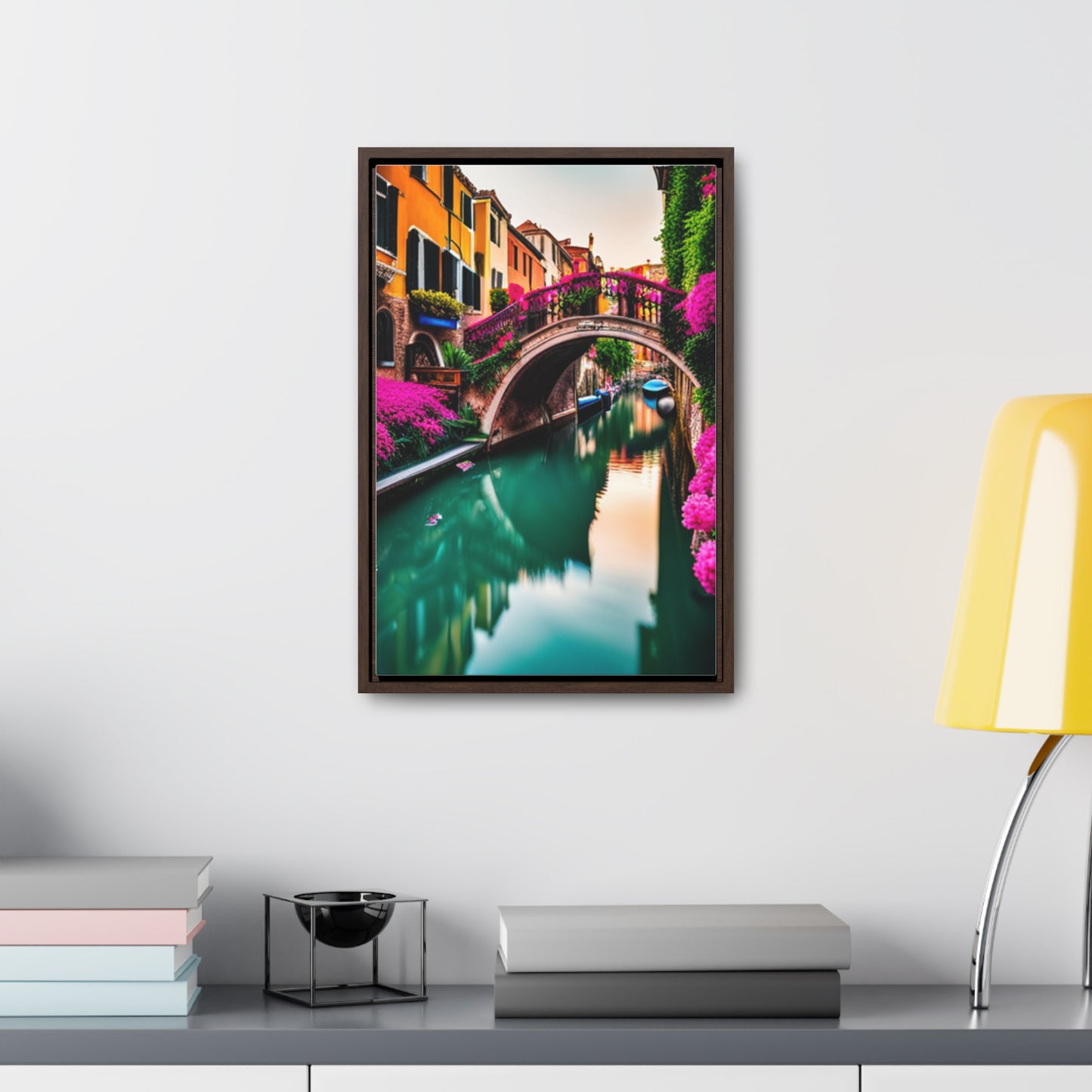 A colorful Venice inspired depiction on this gallery canvas wrap with vertical frame. Sizes vary.