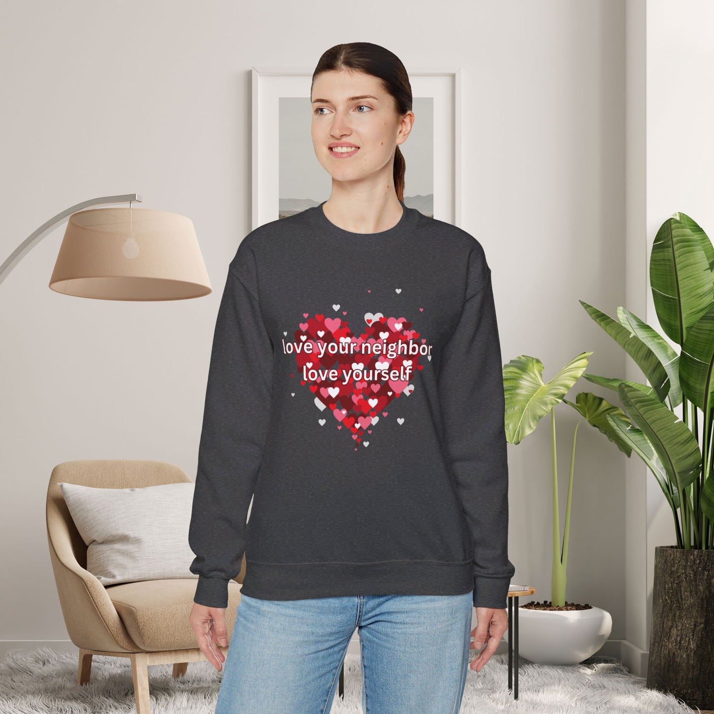 “love your neighbor love yourself” on top of a beautiful heart of hearts. Give the gift of this Unisex Heavy Blend™ Crewneck Sweatshirt or get one for yourself.