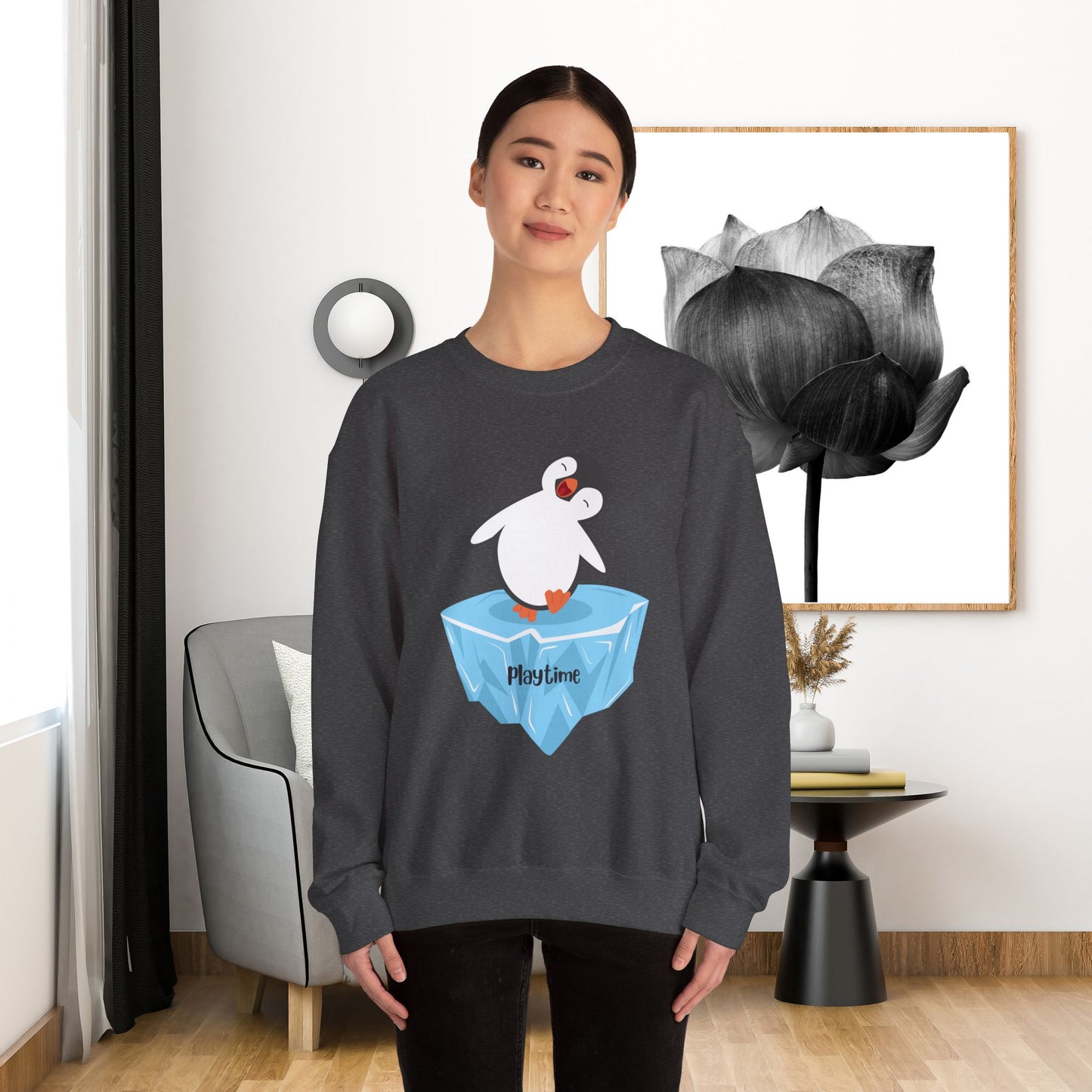 Crewneck Sweatshirt - Playtime Cute Happy Penguin on Iceberg Design