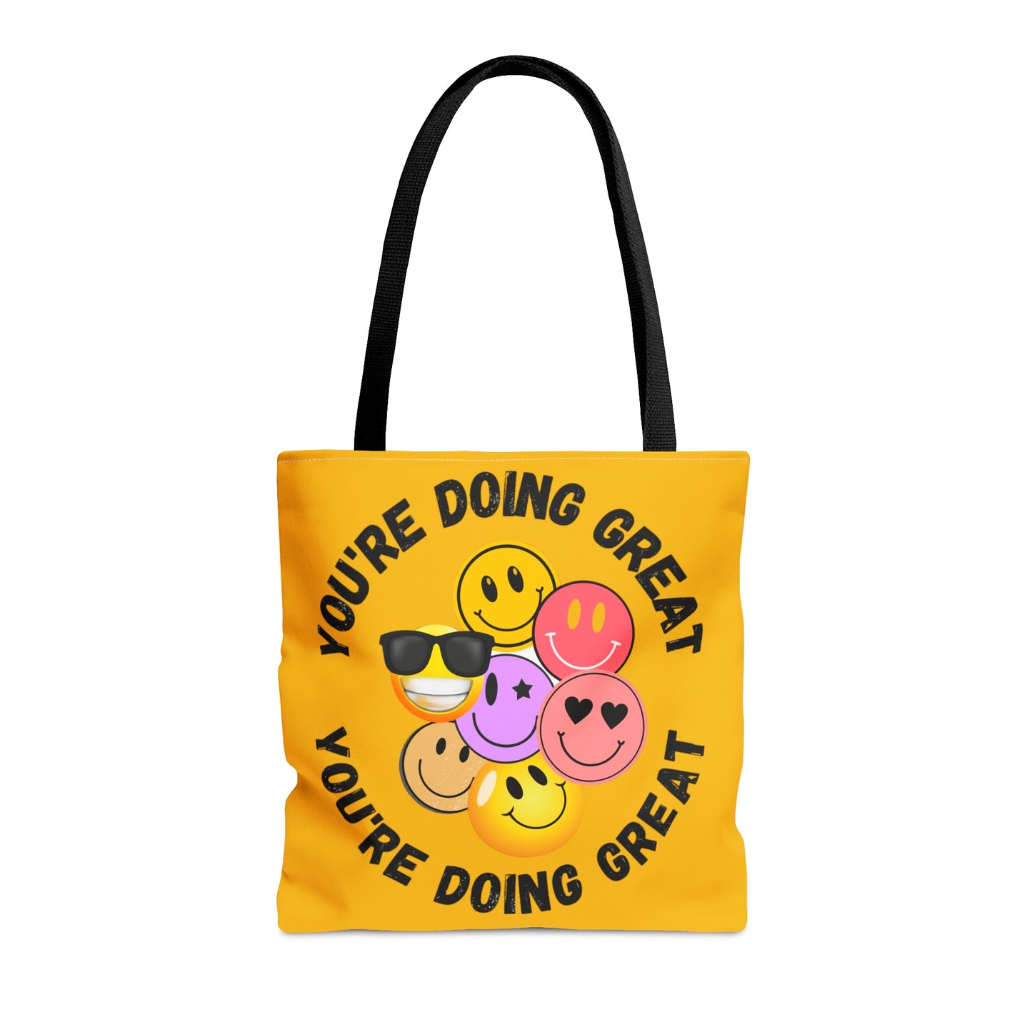 Positive feedback “YOU ARE DOING GREAT” makes us smile with this colorful Tote Bag in 3 sizes to meet your needs.