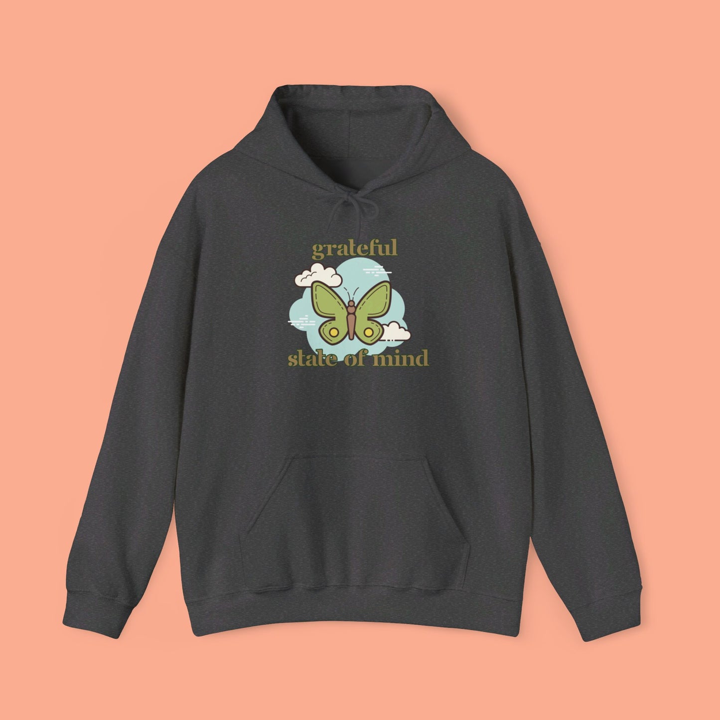 Grateful state of mind around a simple butterfly design on this Unisex Heavy Blend™ Hooded Sweatshirt