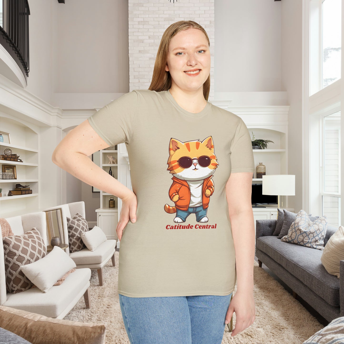 A cool cat with  “Catitude Central” below it on this Unisex Softstyle T-Shirt. Cat lovers get this.