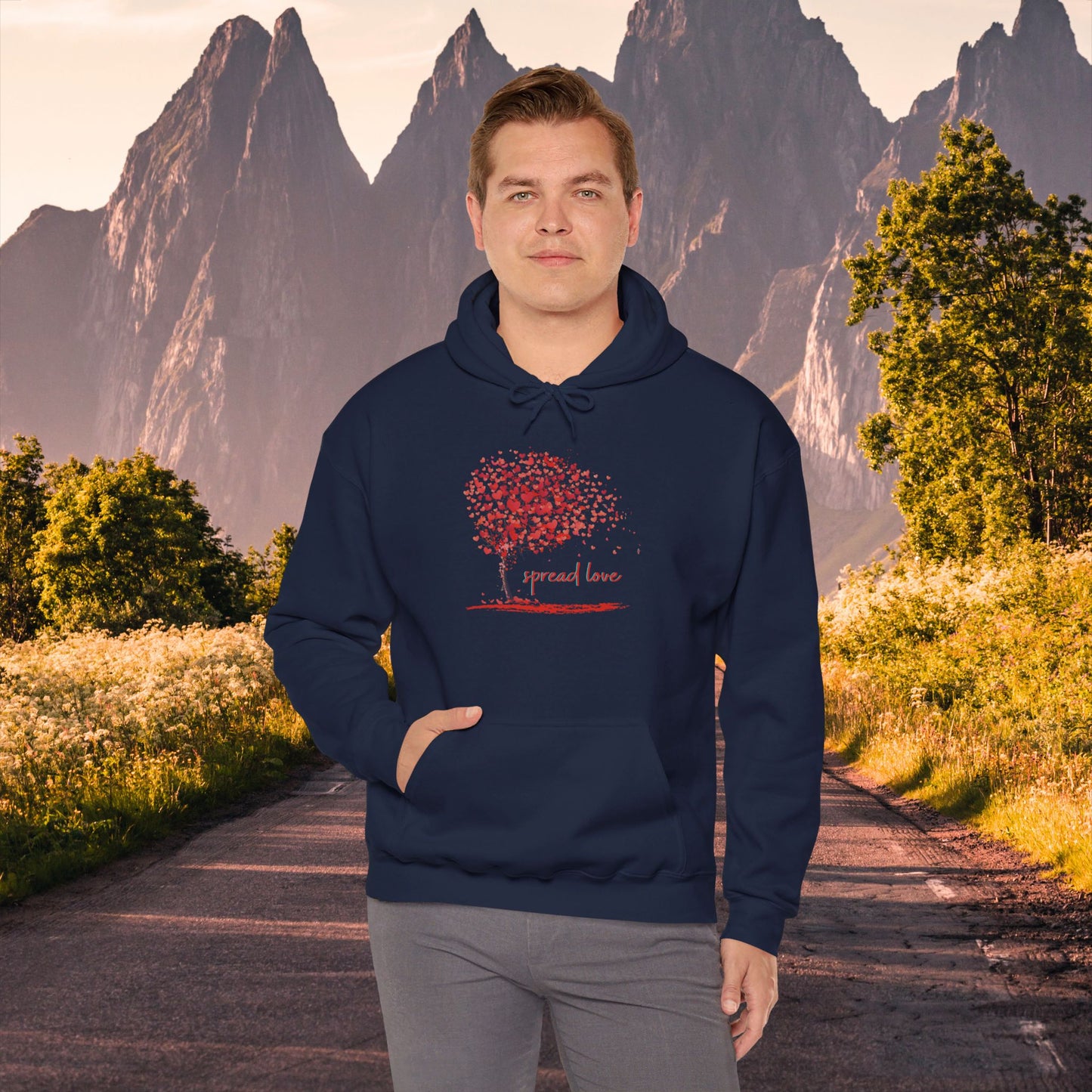 Spread love is the message on this heart filled tree designed Unisex Heavy Blend™ Hooded Sweatshirt