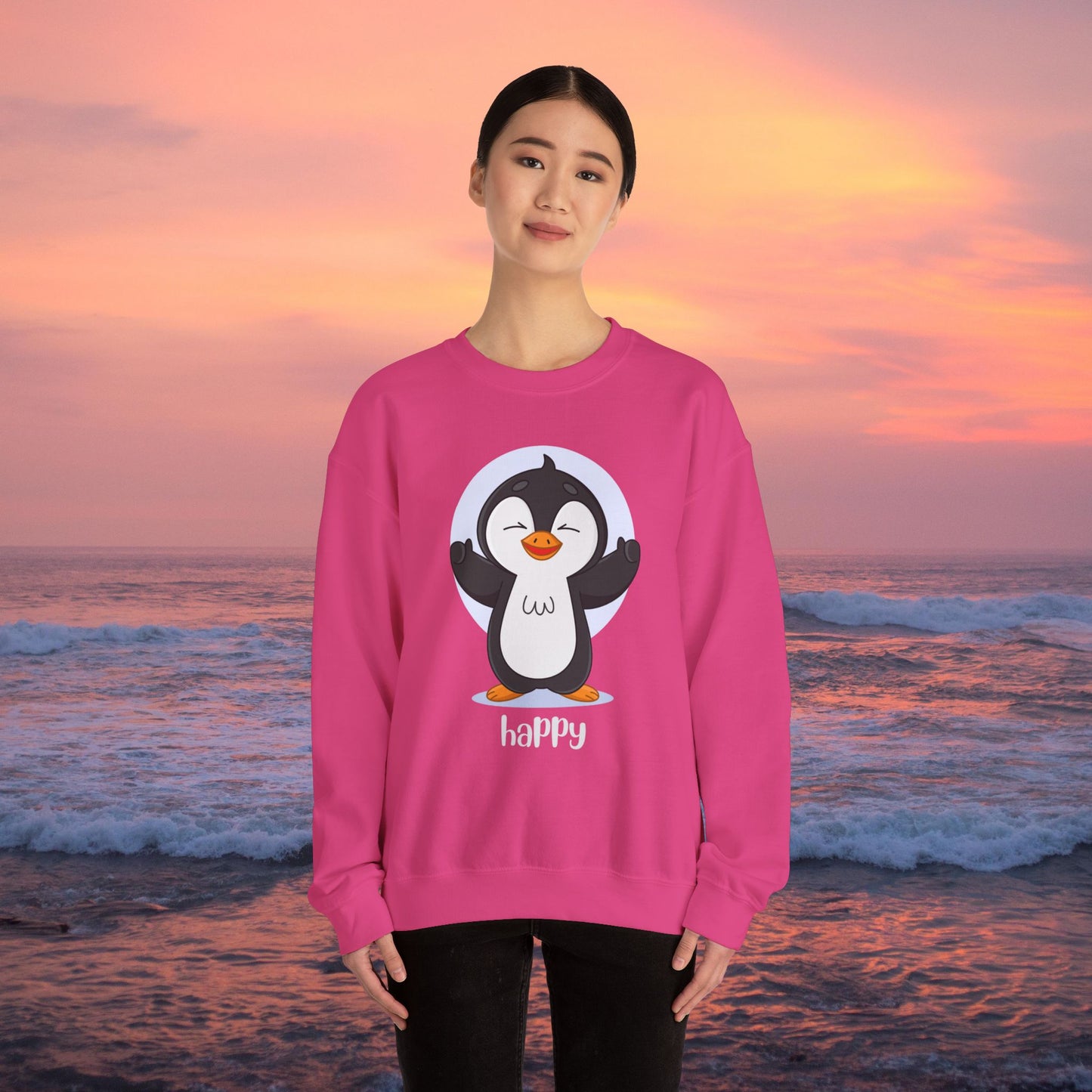 Penguin Crewneck Sweatshirt with Happy Typography