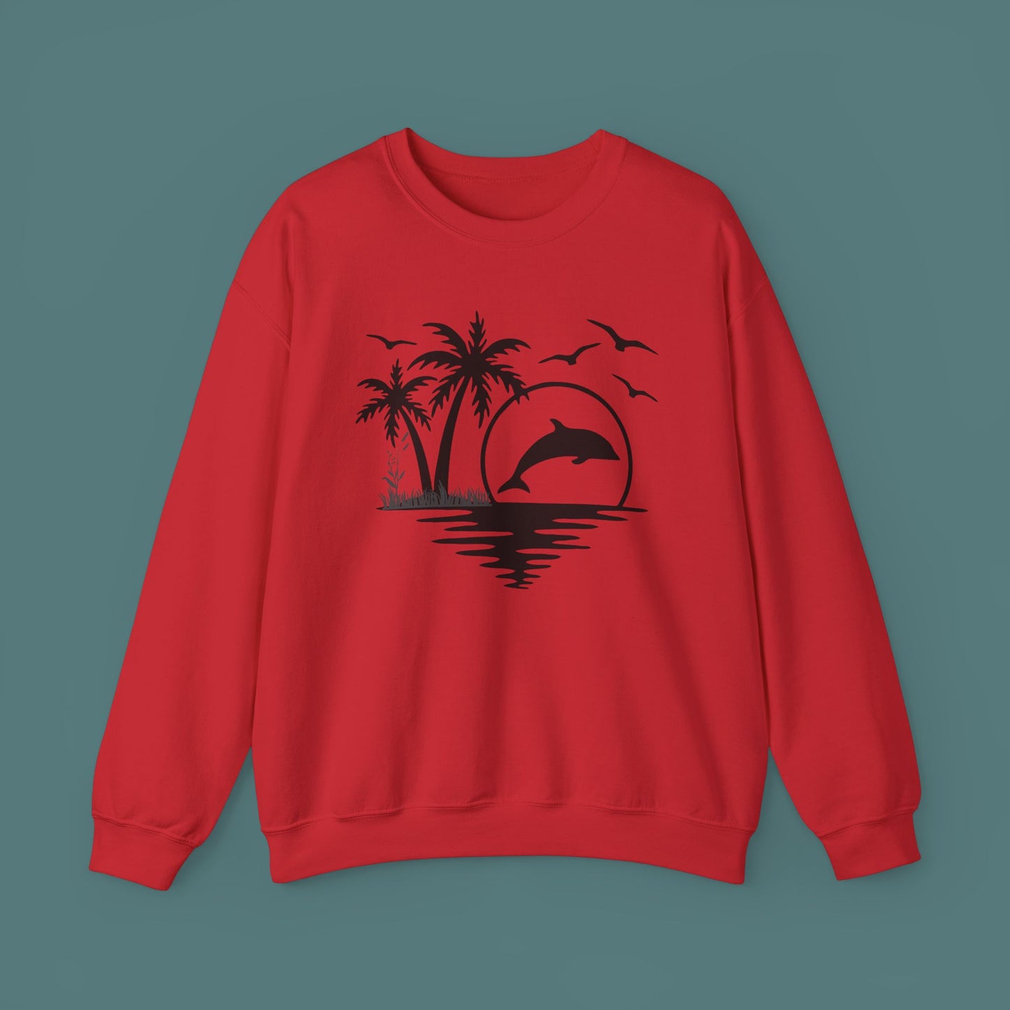 Silhouettes of palm trees, playful dolphin, and the ocean water make this cozy sweatshirt. Give the gift of this Unisex Heavy Blend™ Crewneck Sweatshirt or get one for yourself.