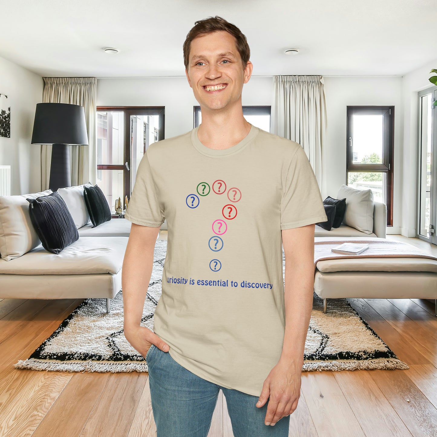 A question mark made of question marks above “curiosity is essential to discovery” message design on this Unisex Softstyle T-Shirt design.