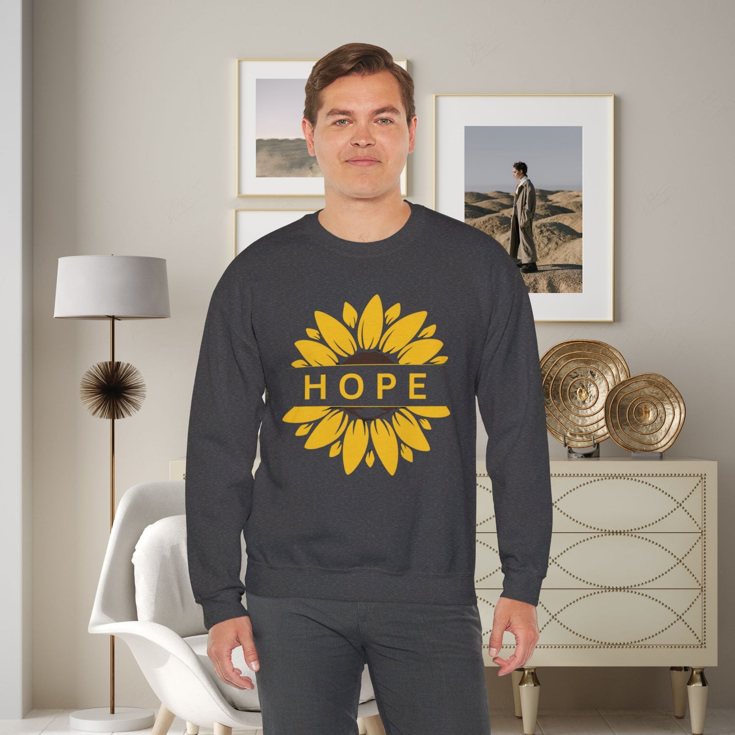 Beautiful sunflower with to inspire  “HOPE” comfy sweatshirt. Give the gift of this Unisex Heavy Blend™ Crewneck Sweatshirt or get one for yourself.