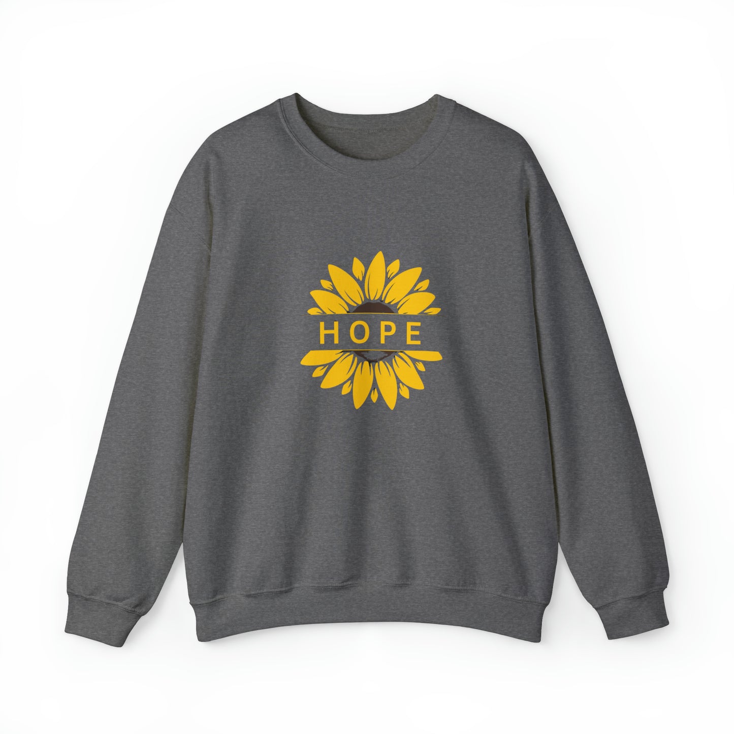 Beautiful sunflower with to inspire  “HOPE” comfy sweatshirt. Give the gift of this Unisex Heavy Blend™ Crewneck Sweatshirt or get one for yourself.