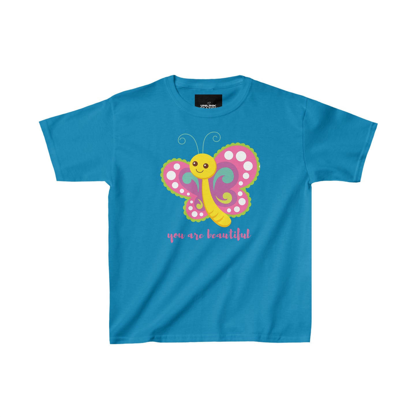 A cute butterfly reminding you that “you are beautiful”  makes this Kids Heavy Cotton™ Tee a fun one to wear!