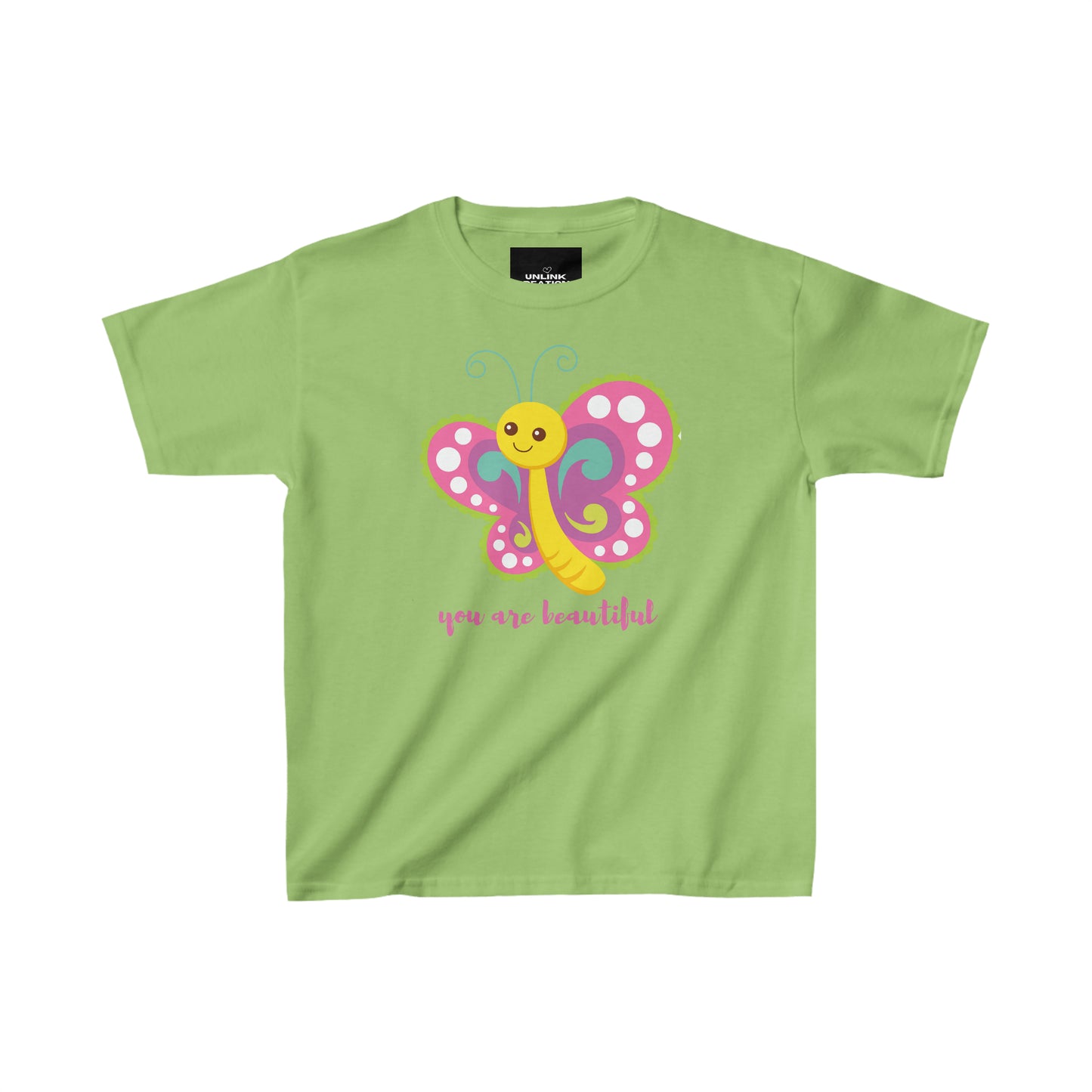 A cute butterfly reminding you that “you are beautiful”  makes this Kids Heavy Cotton™ Tee a fun one to wear!