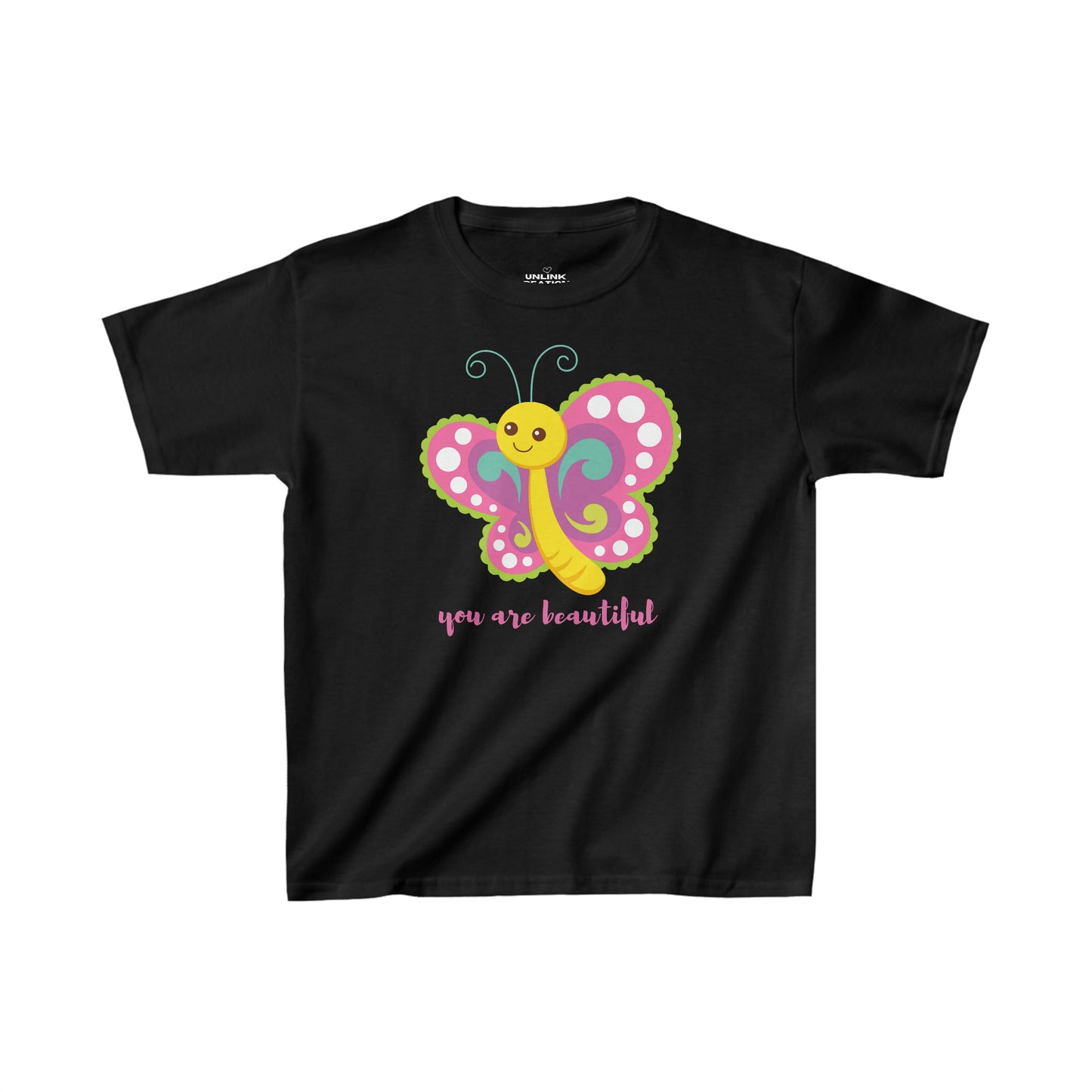 A cute butterfly reminding you that “you are beautiful”  makes this Kids Heavy Cotton™ Tee a fun one to wear!