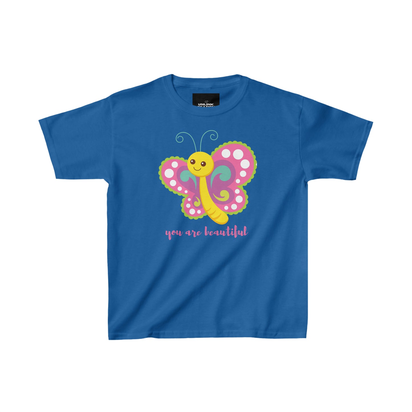 A cute butterfly reminding you that “you are beautiful”  makes this Kids Heavy Cotton™ Tee a fun one to wear!
