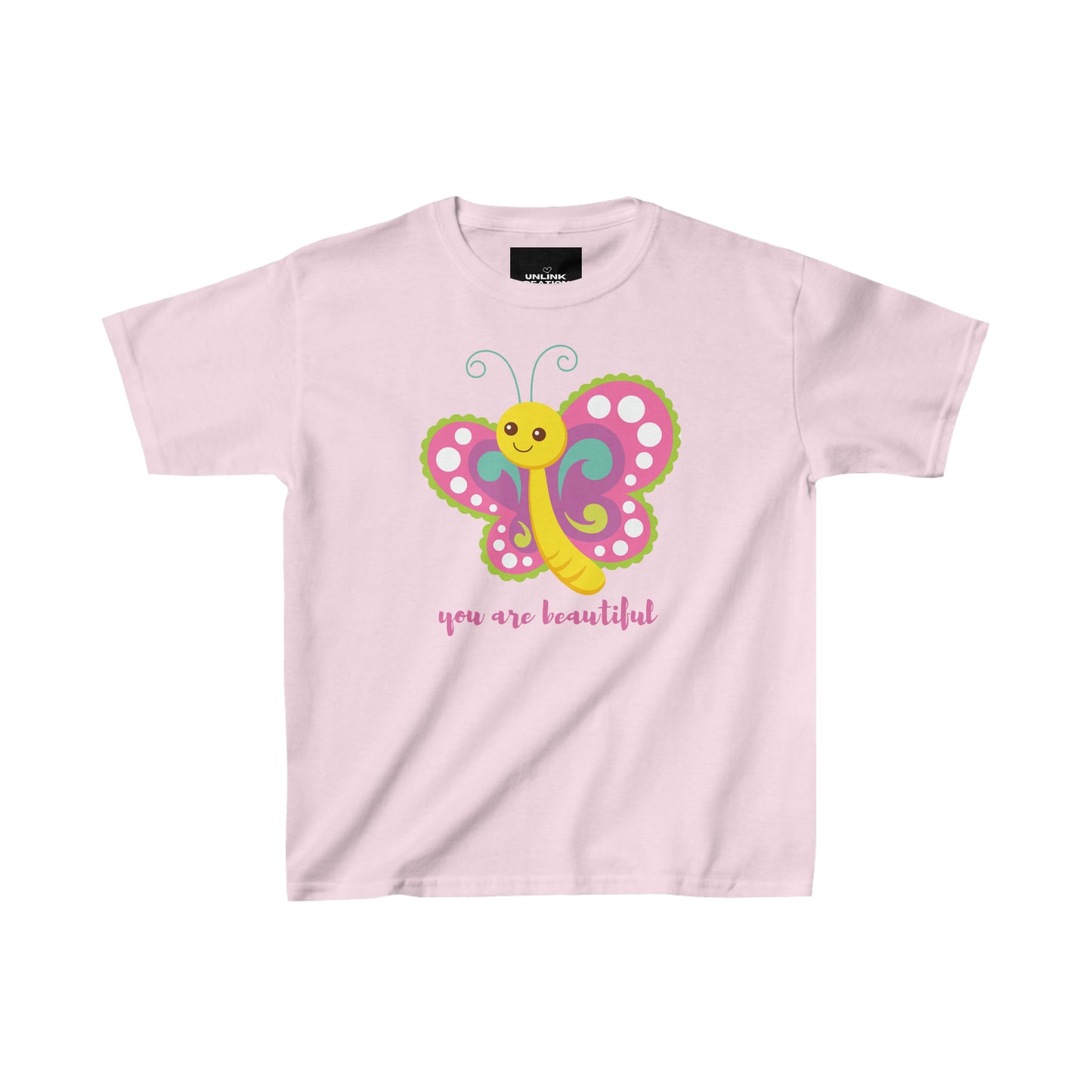 A cute butterfly reminding you that “you are beautiful”  makes this Kids Heavy Cotton™ Tee a fun one to wear!