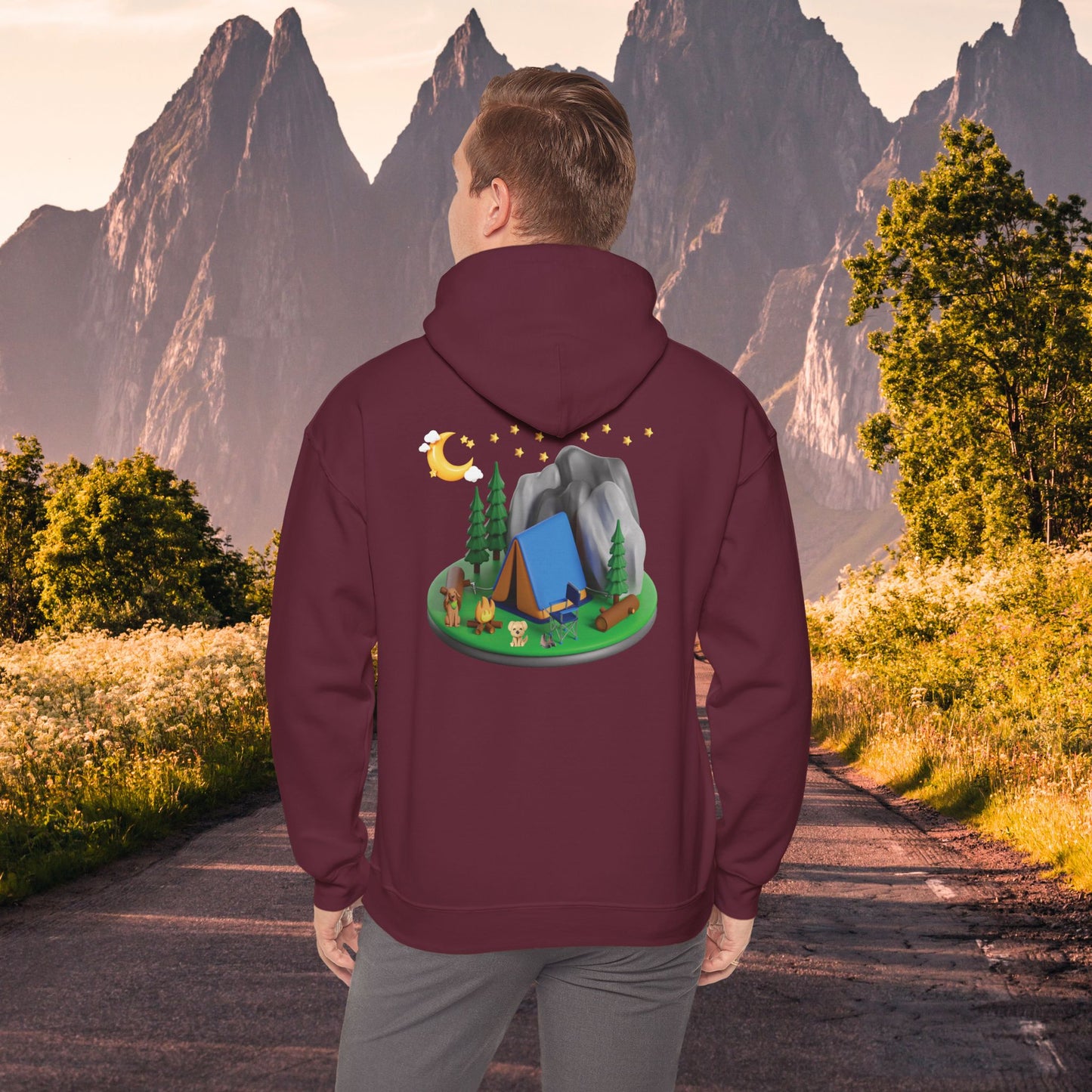 Mountain Camping Unisex Hoodie - Night Time Adventure with Your Dog