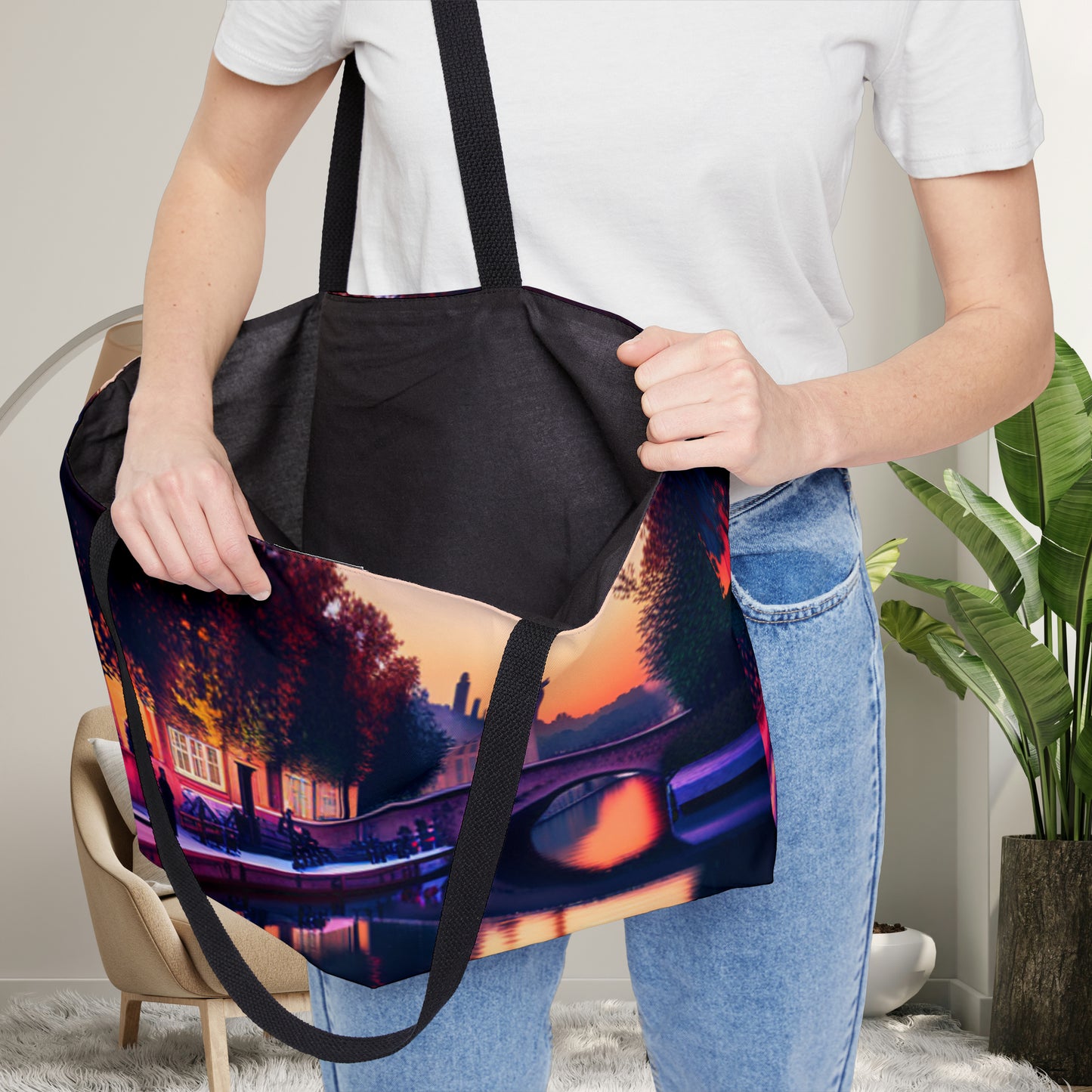 European street by a canal at dusk inspired design on this Weekender Tote Bag.