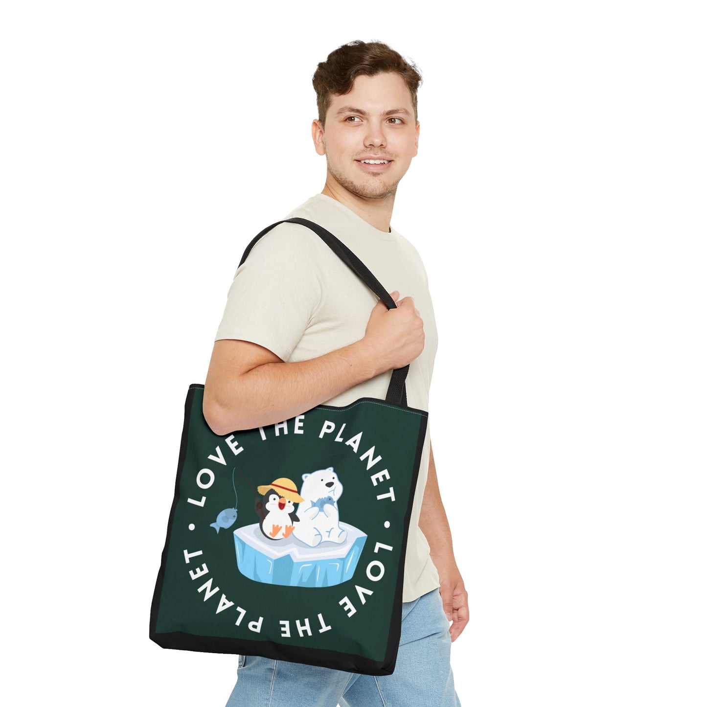 Cute polar bear, penguin and fish inside a  “LOVE THE PLANET” Tote Bag in 3 sizes to meet your needs.