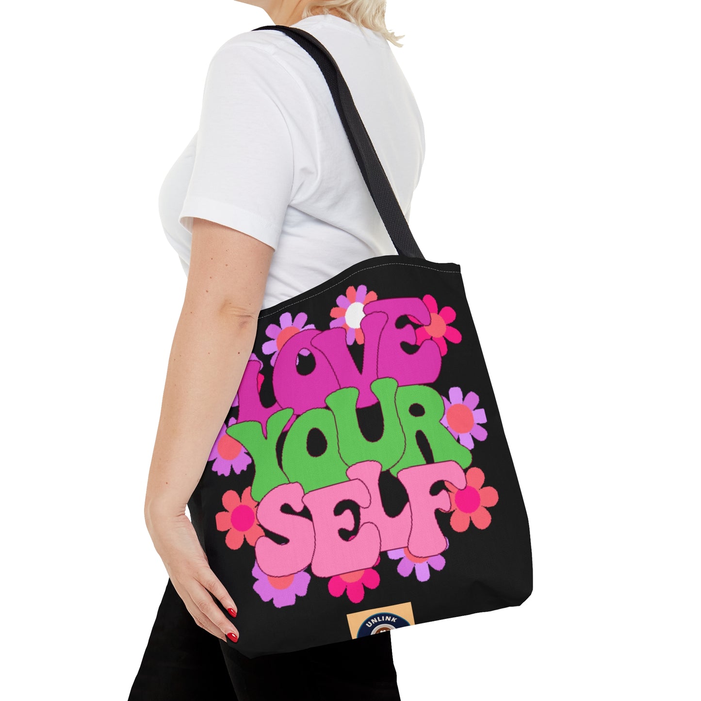 Colorful and bright “LOVE YOURSELF” tote bag. Come in 3 sizes to meet your needs. Reusable for all your shopping or trip needs.