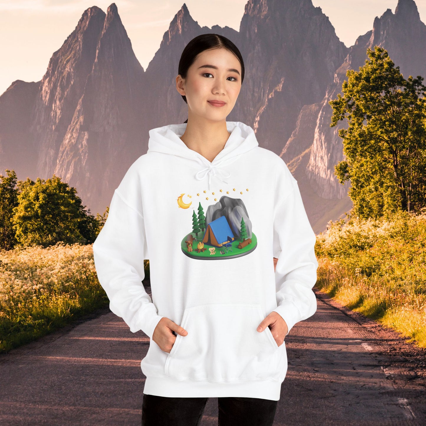 Mountain Camping Unisex Hoodie - Night Time Adventure with Your Dog