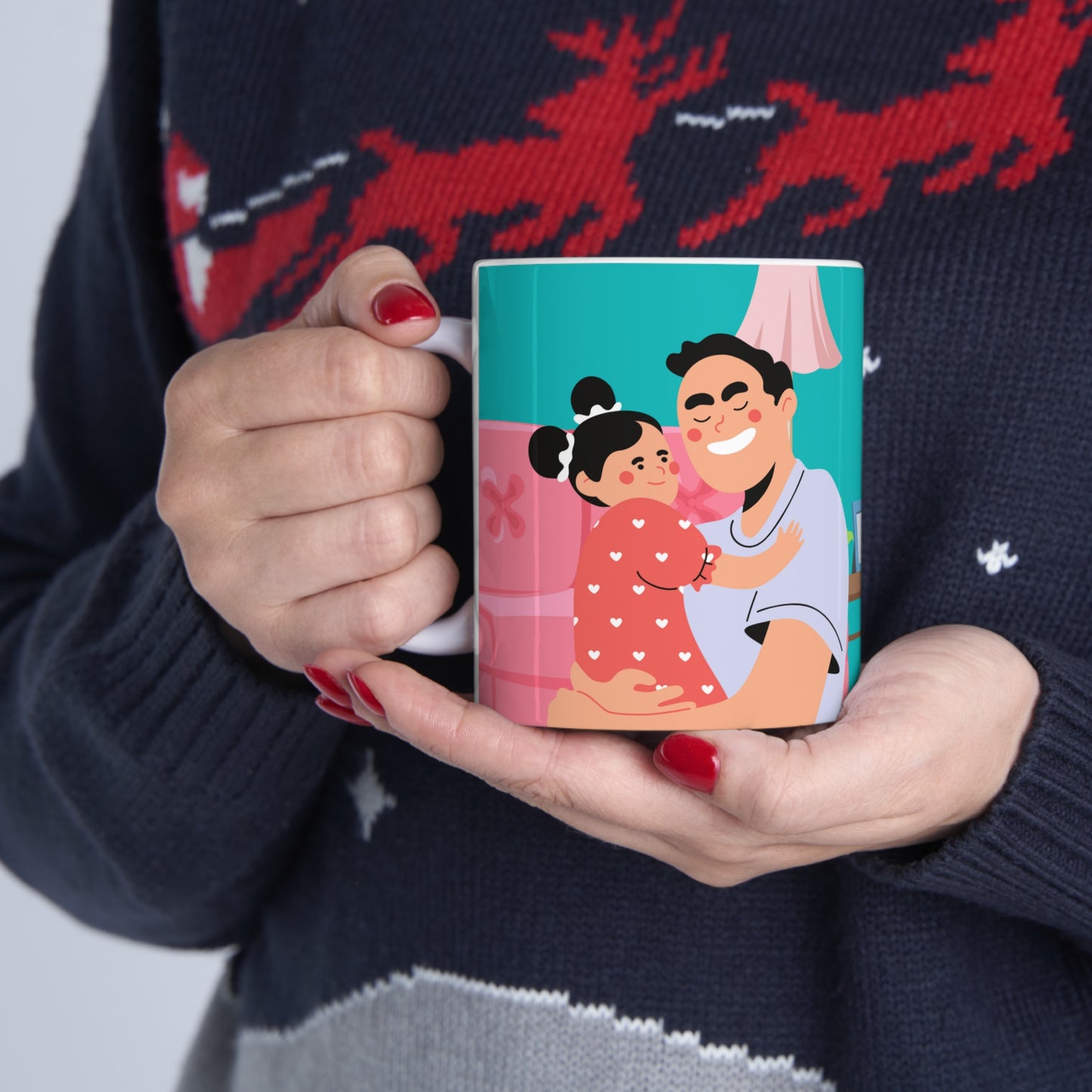 “YOU ARE MY HERO, DAD” on one side and a happy time shared by dad and daughter. Part of several mugs to choose from depending on what resonates with you.