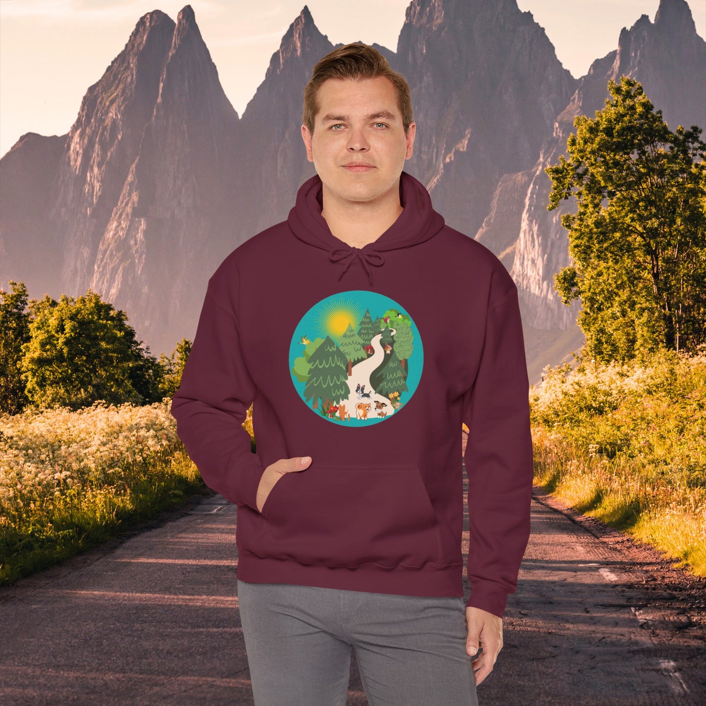 A nature walk with the doggies is so much fun! Enjoy this Unisex Heavy Blend™ Hooded Sweatshirt