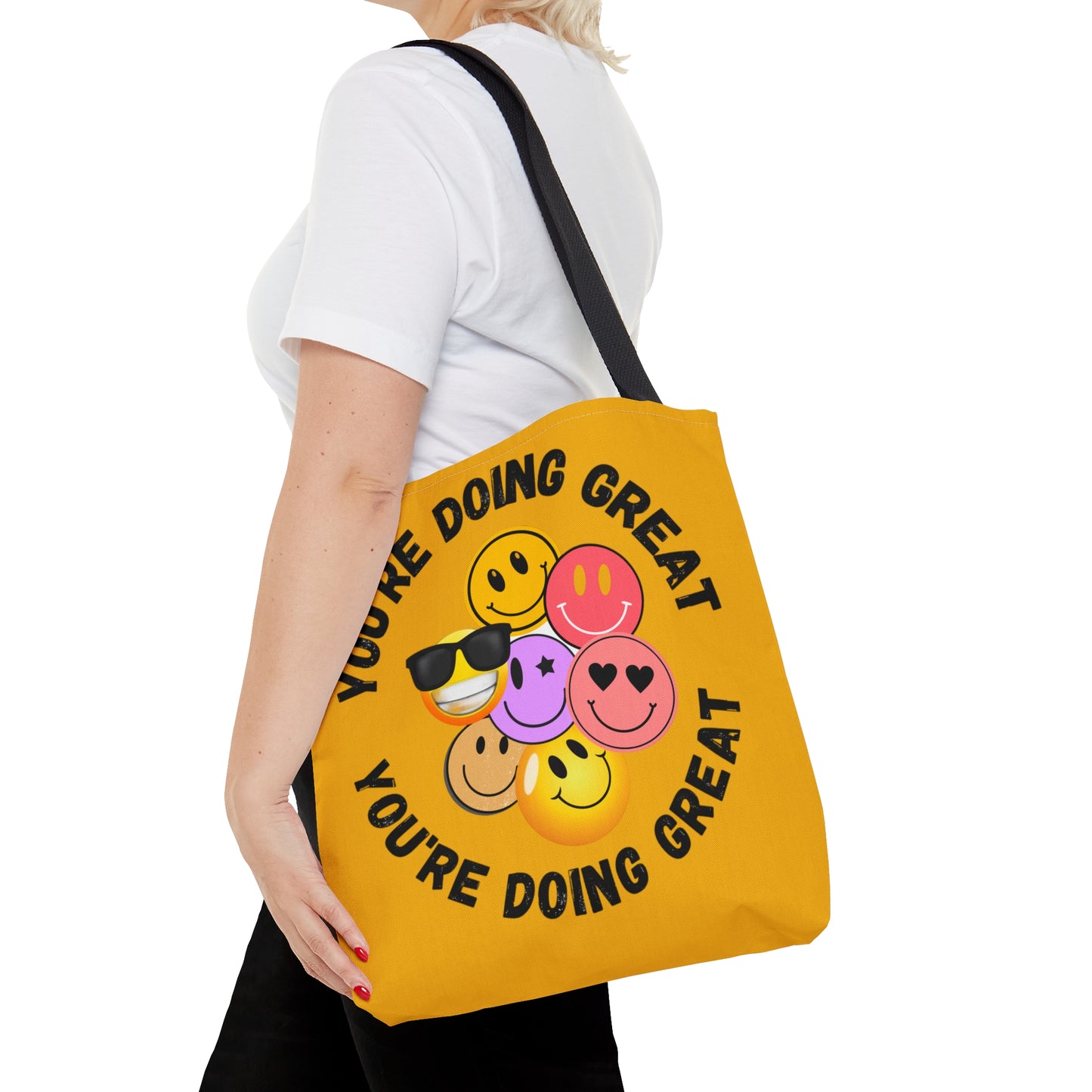 Positive feedback “YOU ARE DOING GREAT” makes us smile with this colorful Tote Bag in 3 sizes to meet your needs.