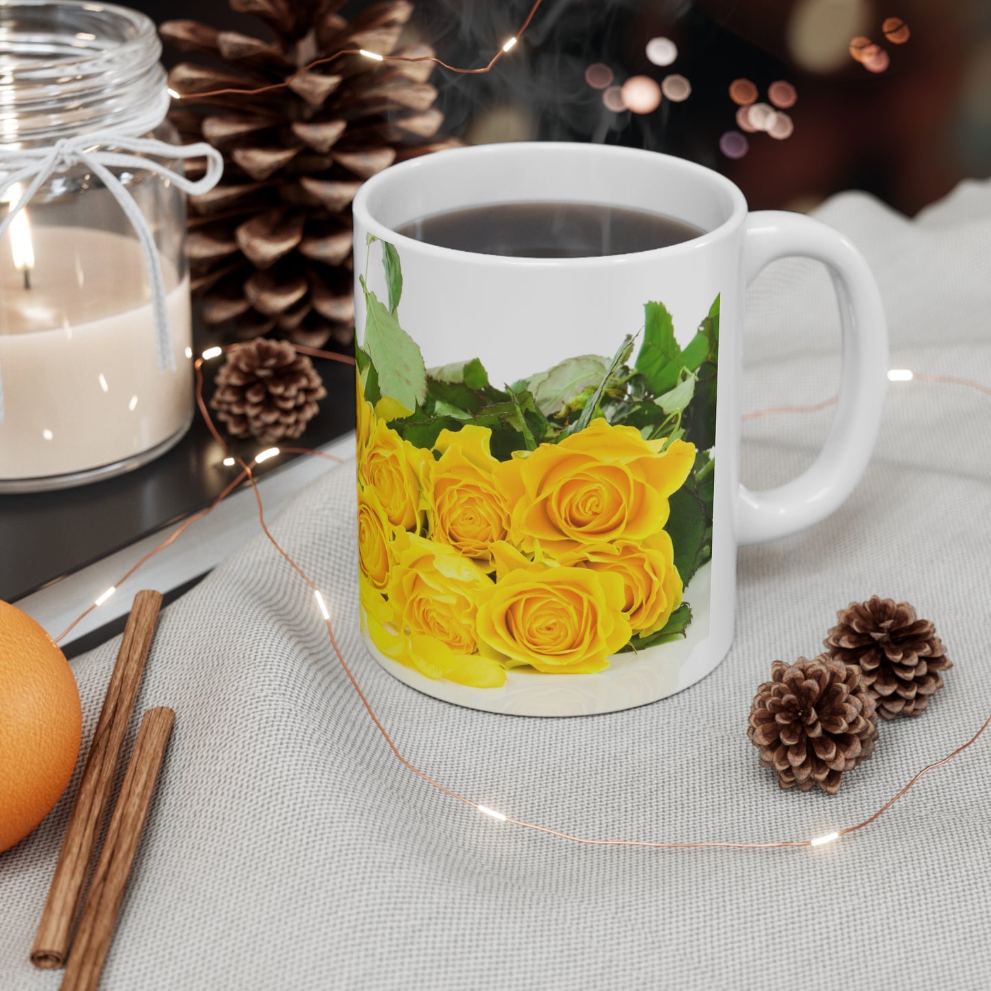 Give Mom a coffee cup that will remind her of your love every time she uses it. “I love you, Mom!” with beautiful yellow roses to brighten up her day.