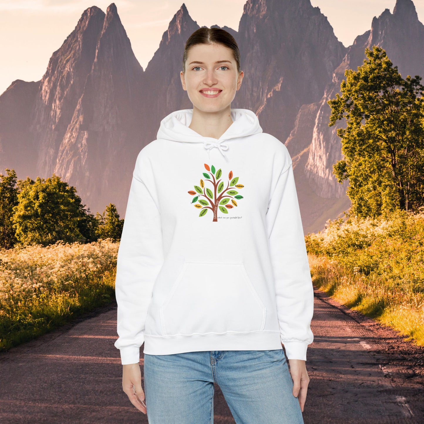 A gratitude tree full of those we are thankful for is the message on this Unisex Heavy Blend™ Hooded Sweatshirt