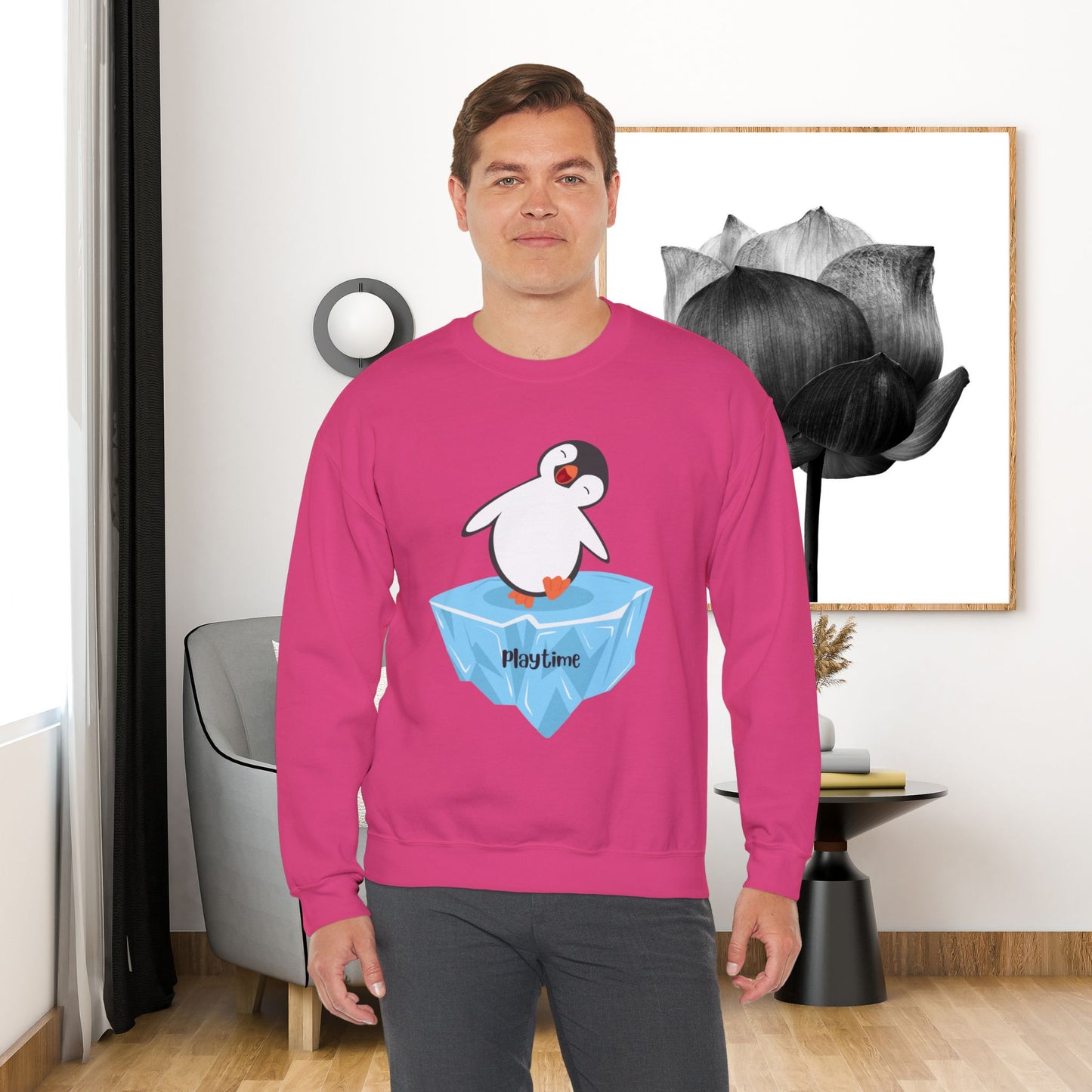 Playtime! Cute and happy penguin on an iceberg design. Give the gift of this Unisex Heavy Blend™ Crewneck Sweatshirt or get one for yourself.