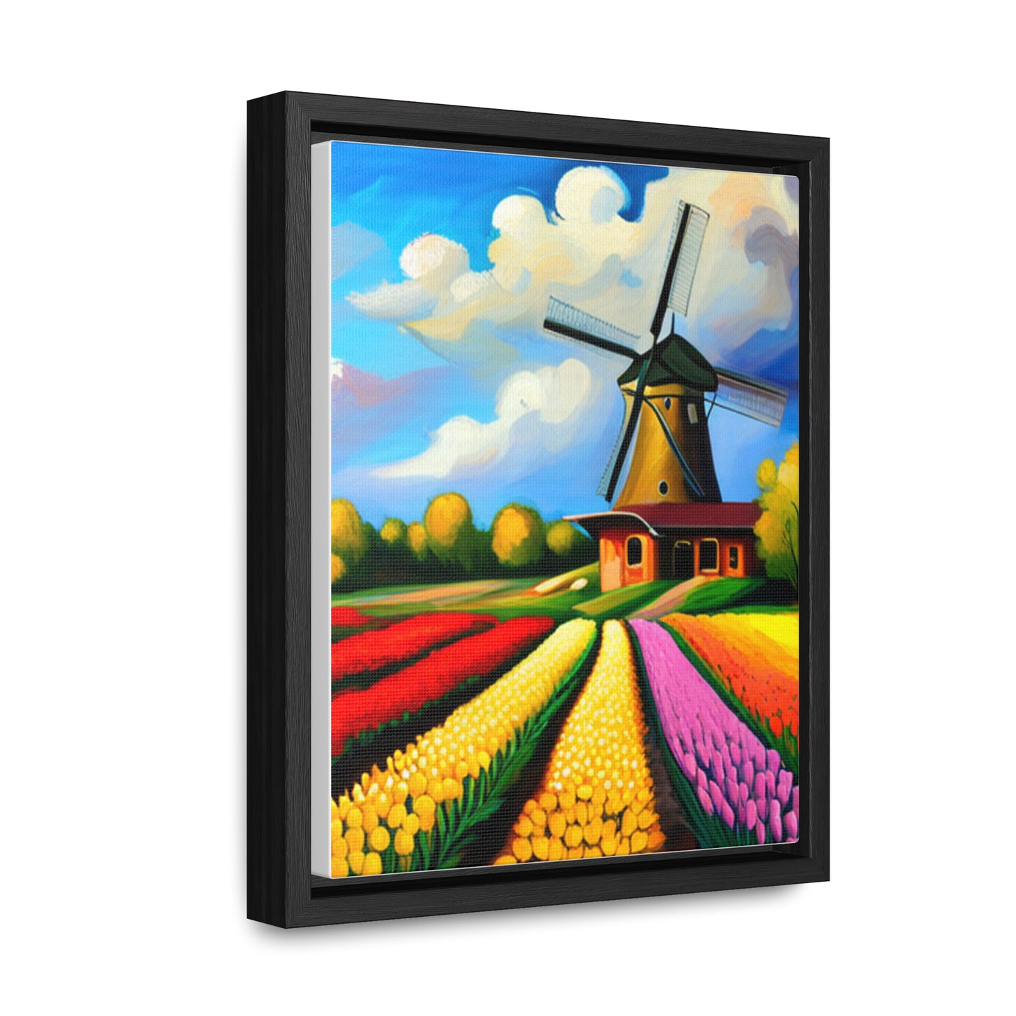 A Dutch windmill with a field of tulips inspired this design on this gallery canvas wrap with vertical frame. Sizes vary.